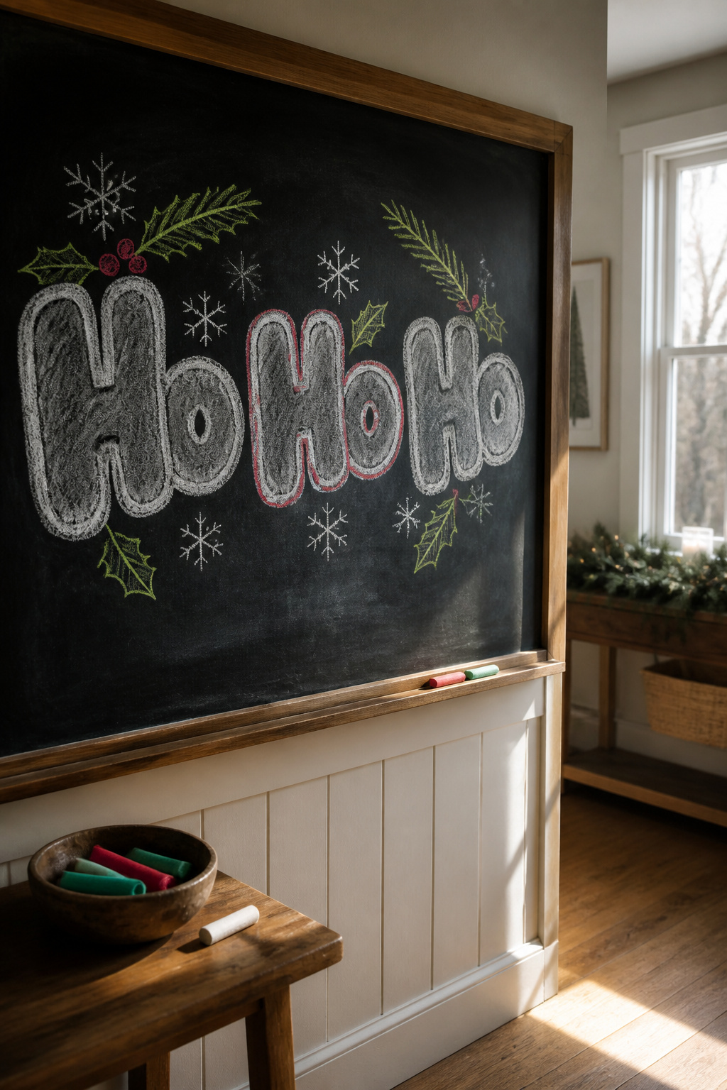 The words 'Ho Ho Ho' drawn in chunky letters on a chalkboard.