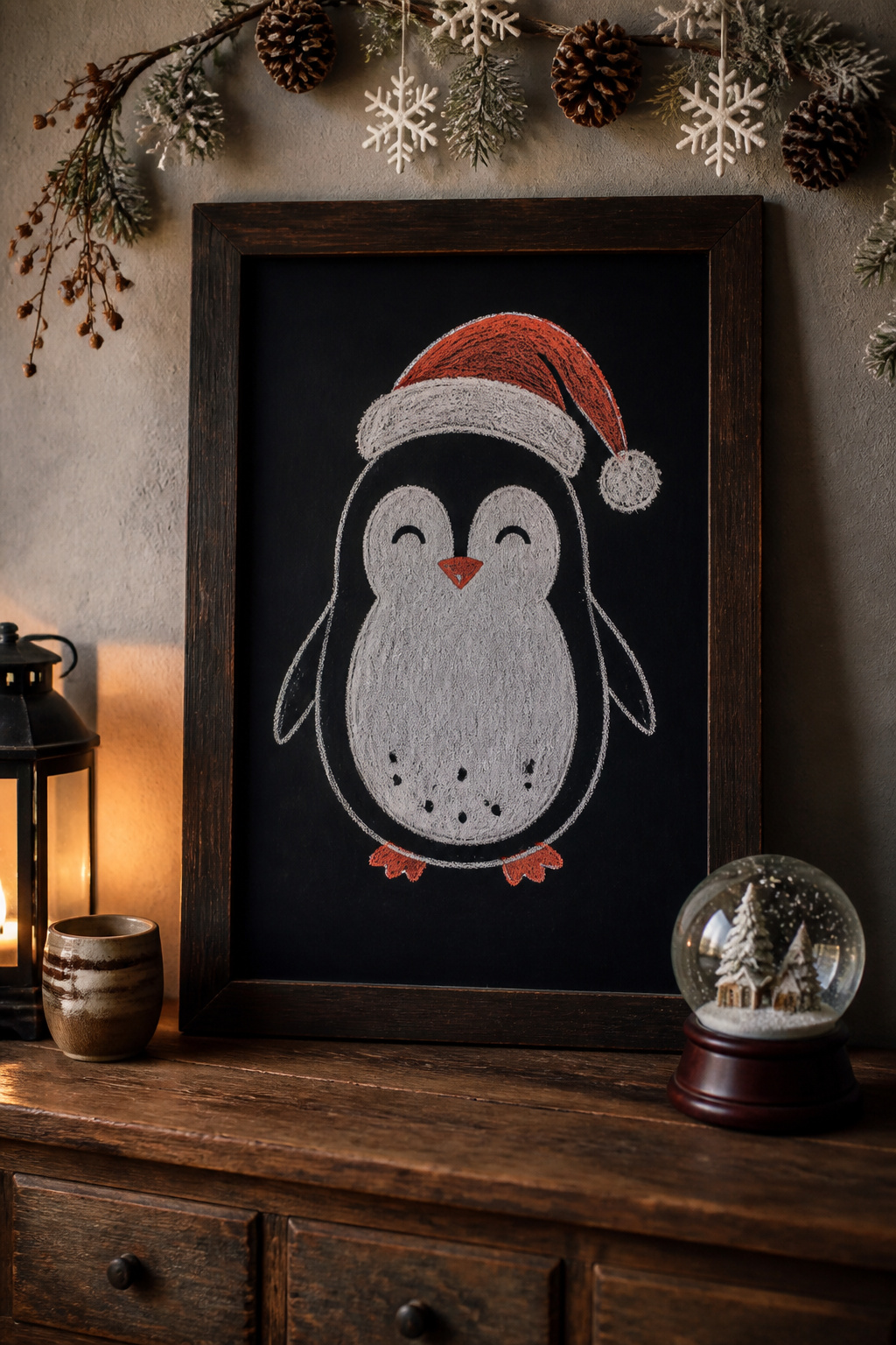 A penguin wearing a Santa hat drawn on a chalkboard.