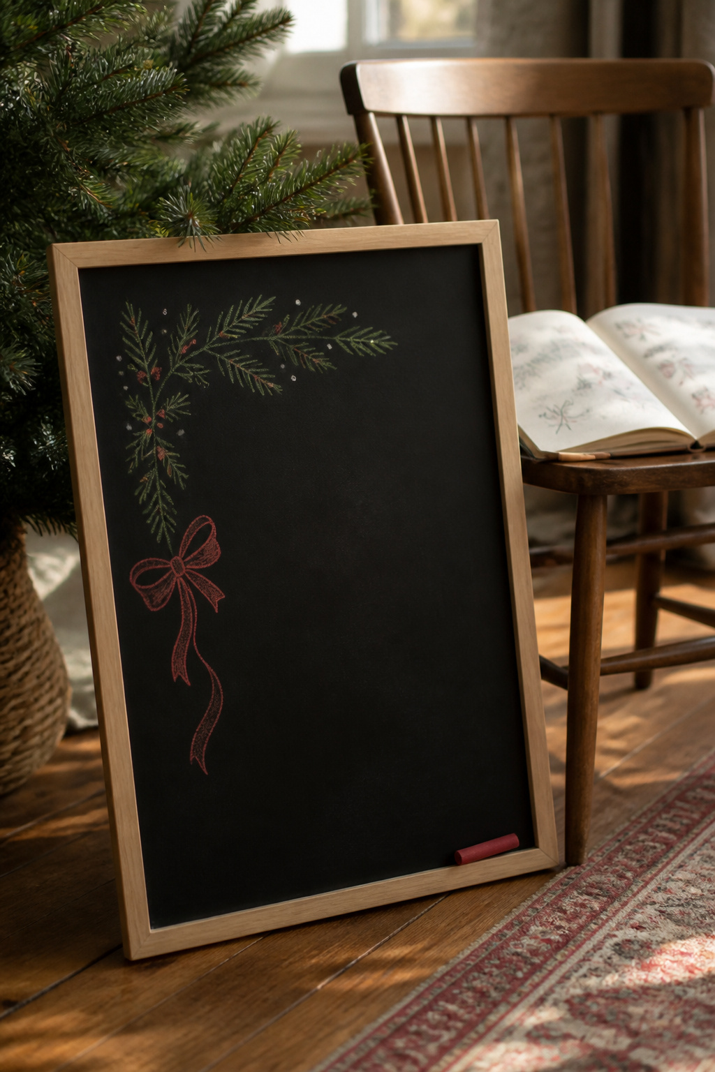 A small red bow drawn next to festive lettering on a chalkboard.