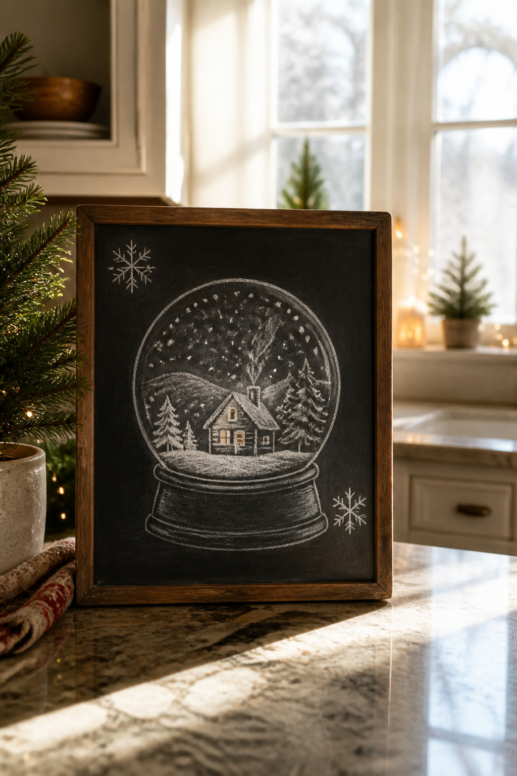 A snow globe with hills, trees, and a cottage drawn on a chalkboard.