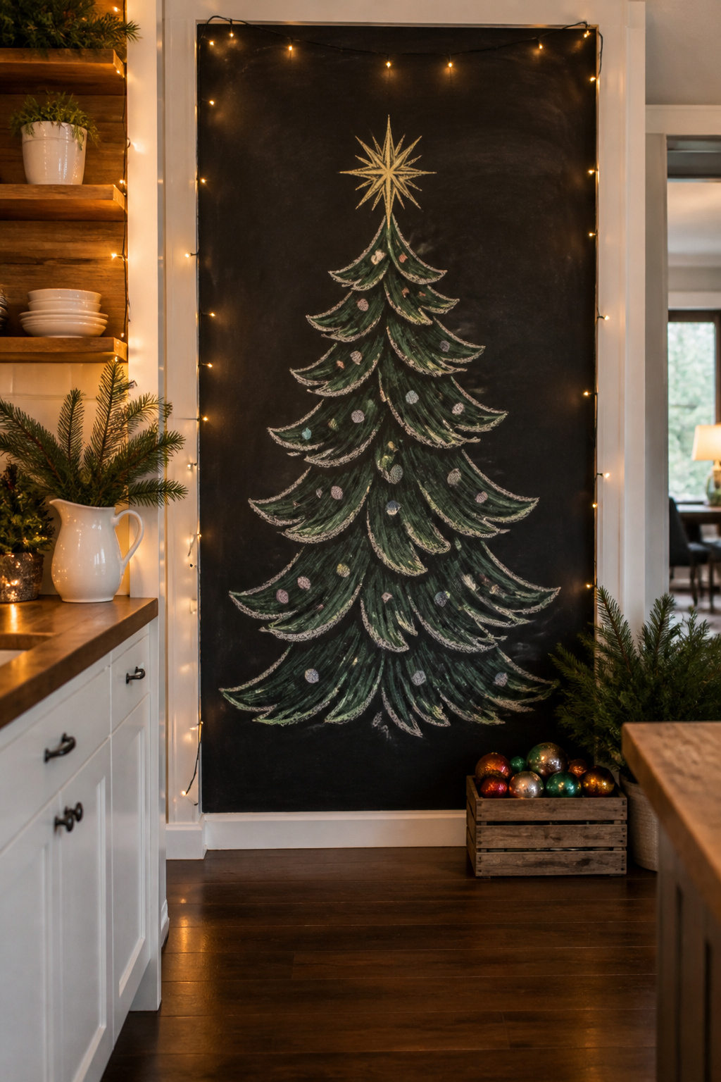 A Christmas tree with ornaments drawn on a chalkboard.