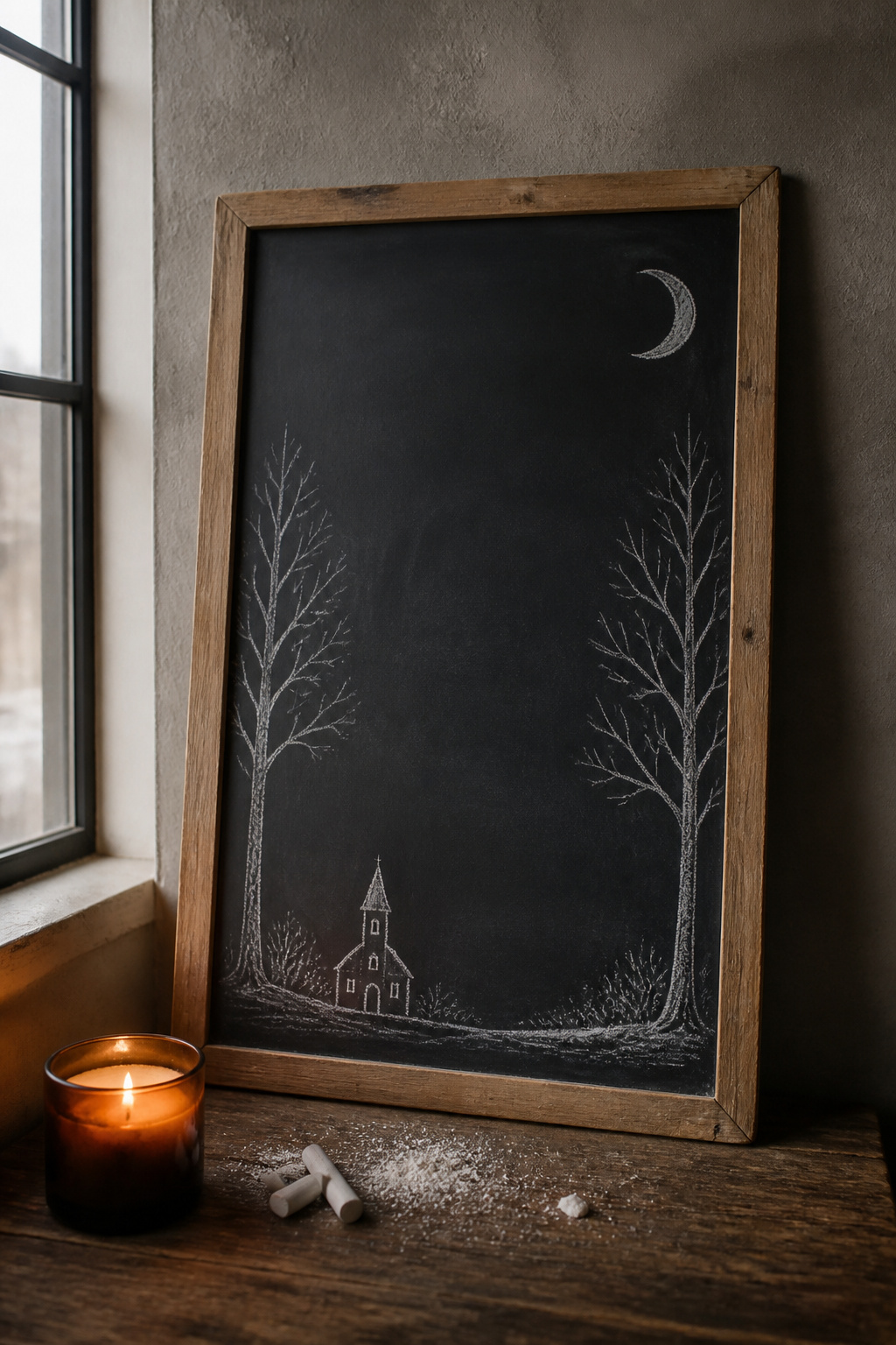 A crescent moon and two trees drawn on a chalkboard.