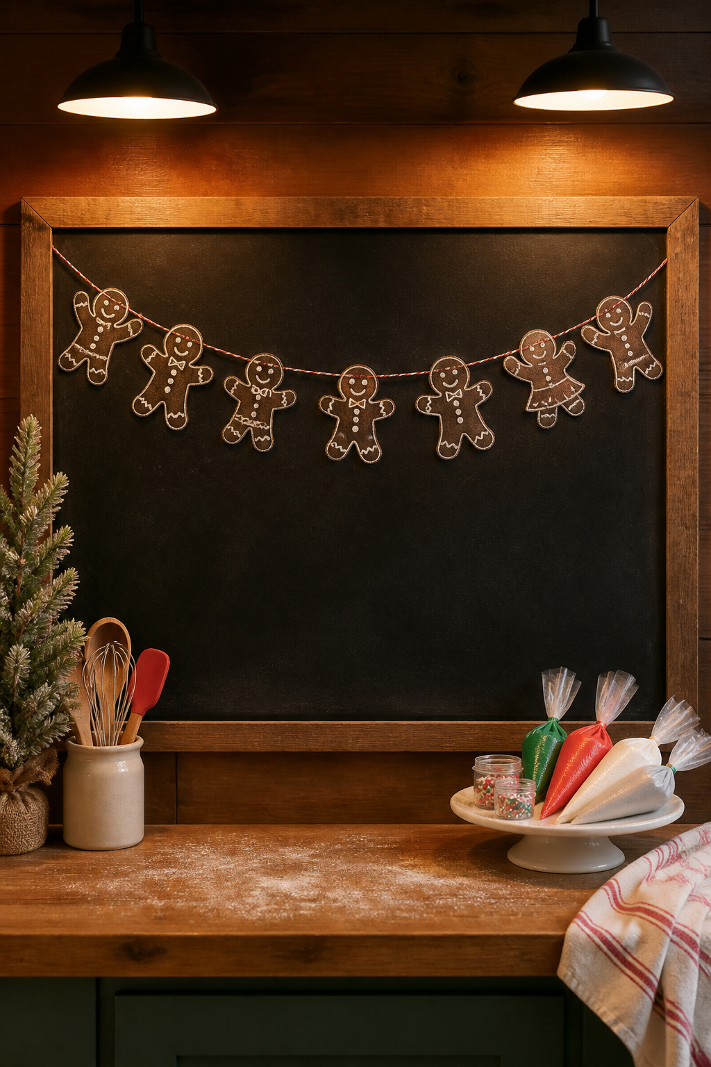 Gingerbread figures hanging in a garland on a chalkboard.