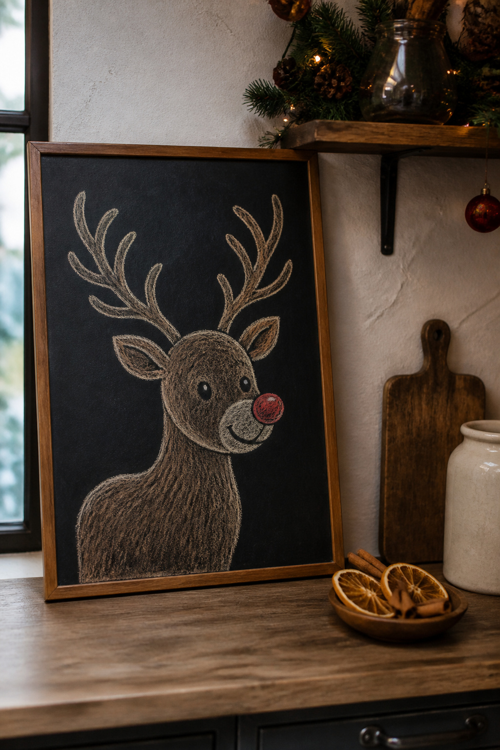 A reindeer with antlers drawn on a chalkboard.