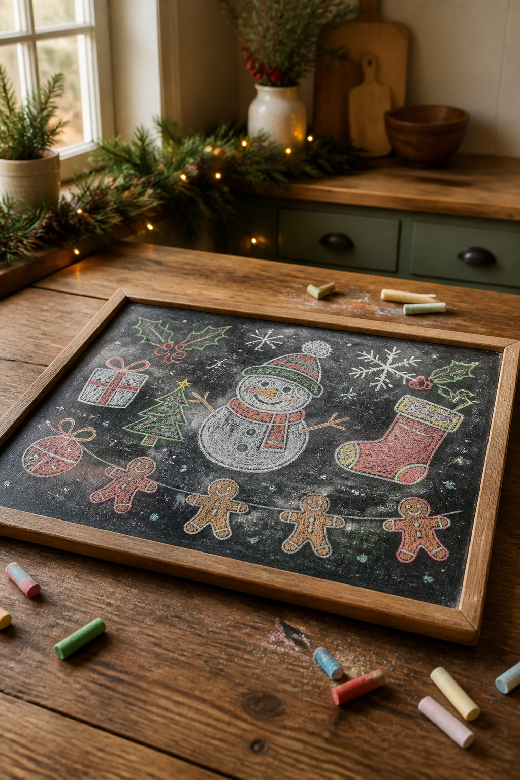 A chalkboard covered in holiday-themed doodles and chalk pieces.