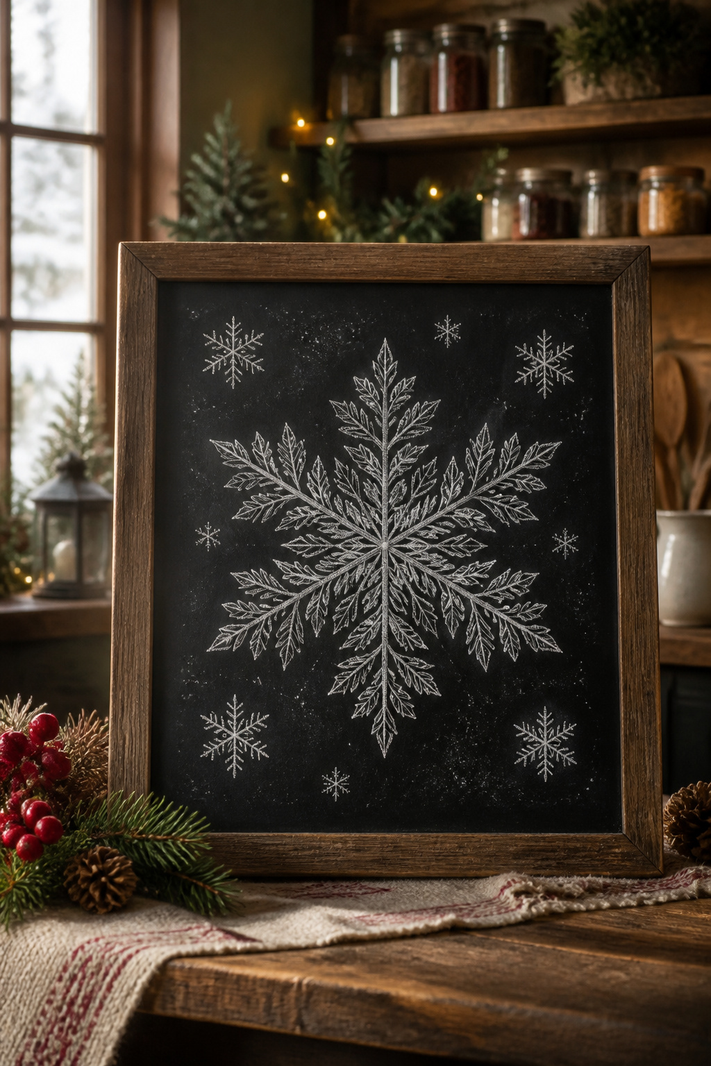 A large, detailed snowflake drawn in white chalk on a blackboard.