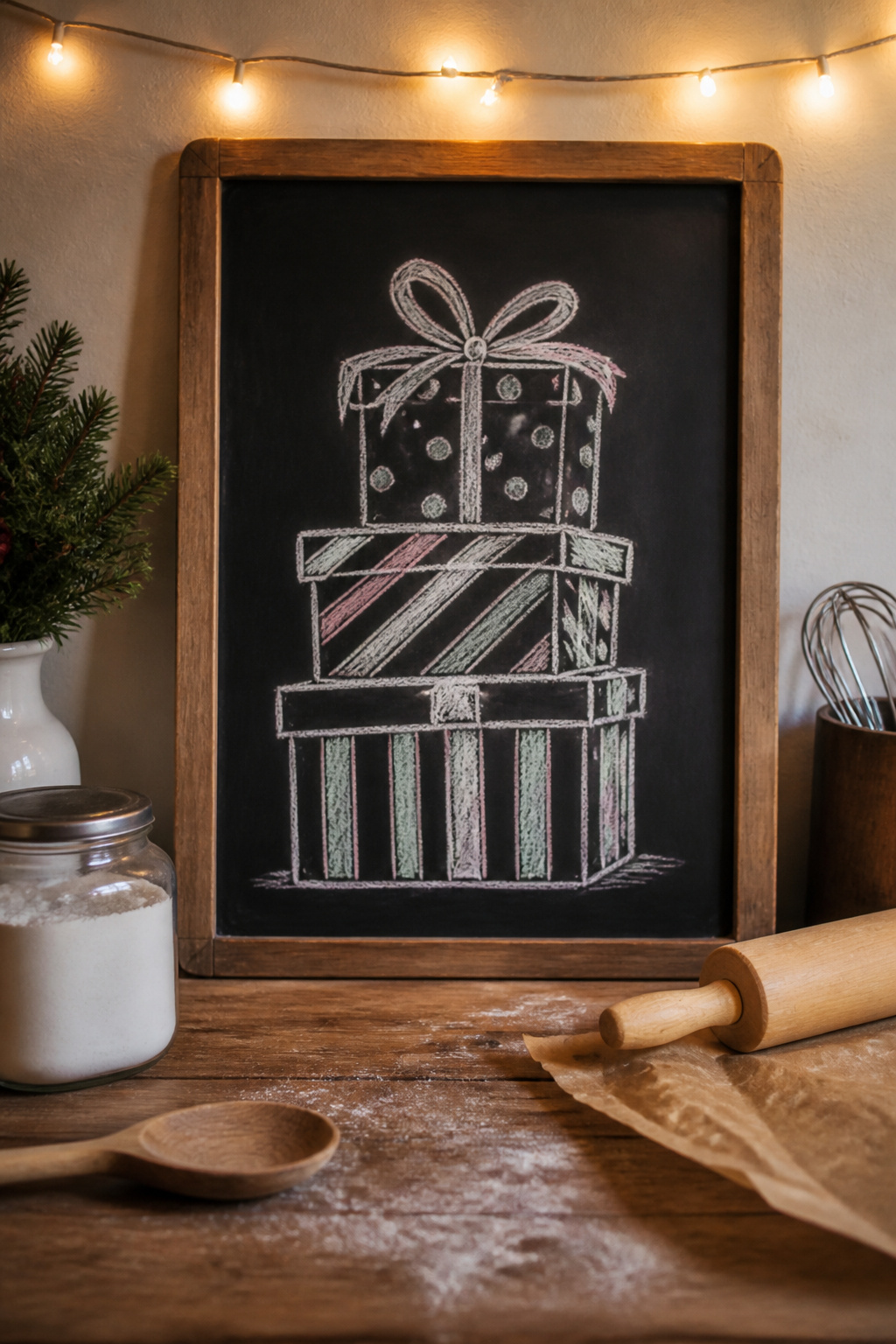 Three gift boxes with stripes and polka dots illustrated on a chalkboard.