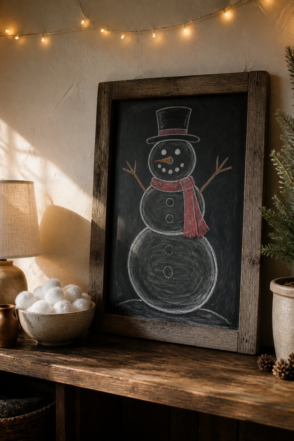 A snowman with a red scarf and coal buttons drawn on a chalkboard.