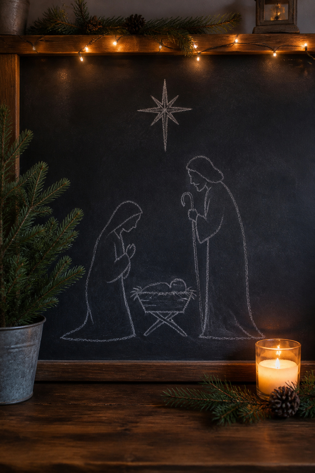 Silhouettes of Mary and Joseph beside a manger on a chalkboard.