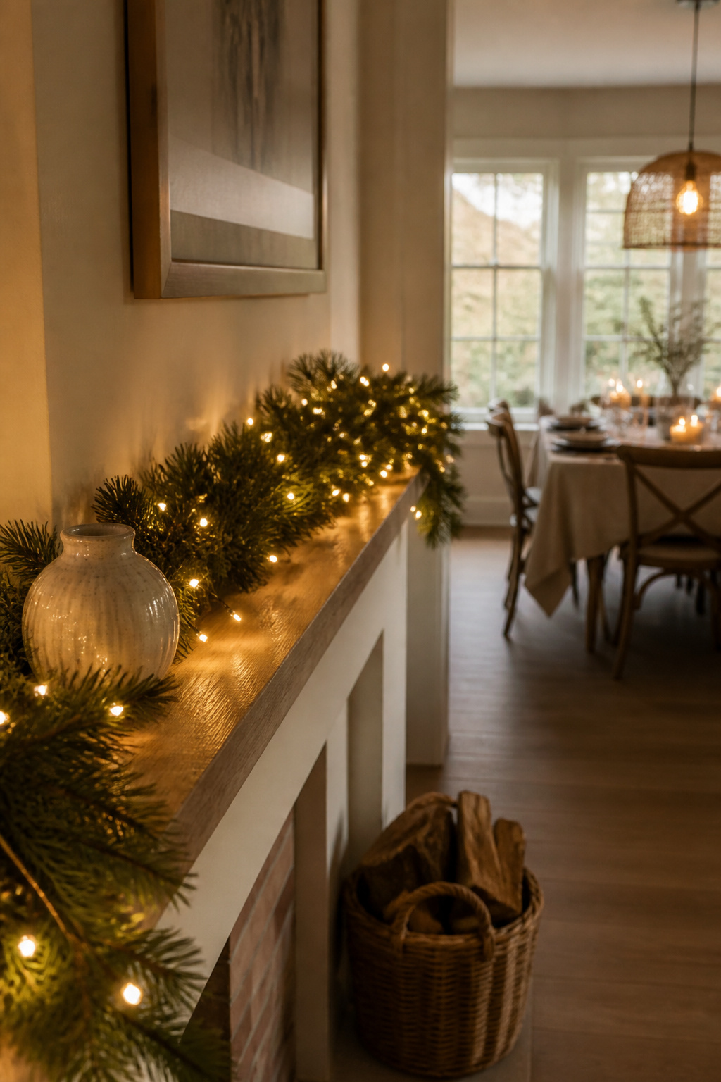 Christmas Fairy Lights | LED Colours & String Light Ideas for 2026 1 Warm white LED fairy lights on silver wire decorate a mantel with a vintage ornament.