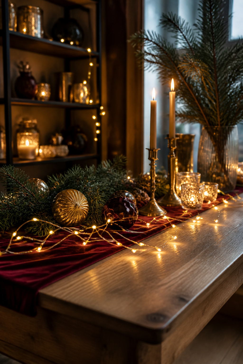 Christmas Fairy Lights | LED Colours & String Light Ideas for 2026 4 Yellow gold LED lights on a side table with holiday ornaments and decor.
