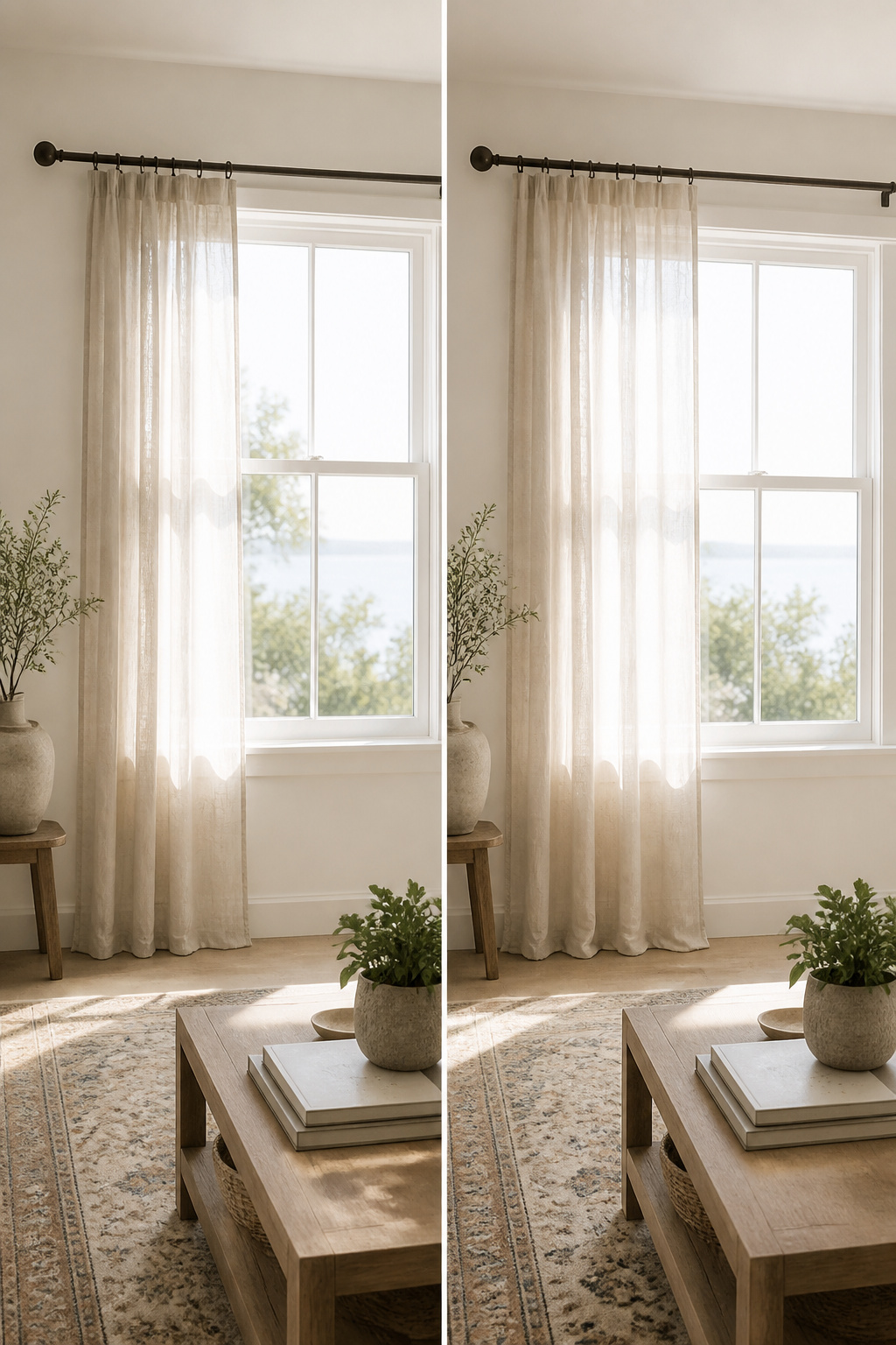 10 Coastal Decorating Ideas for Light, Airy Rooms in 2026 1 Curtains on extended rods beside a window in a bright room.
