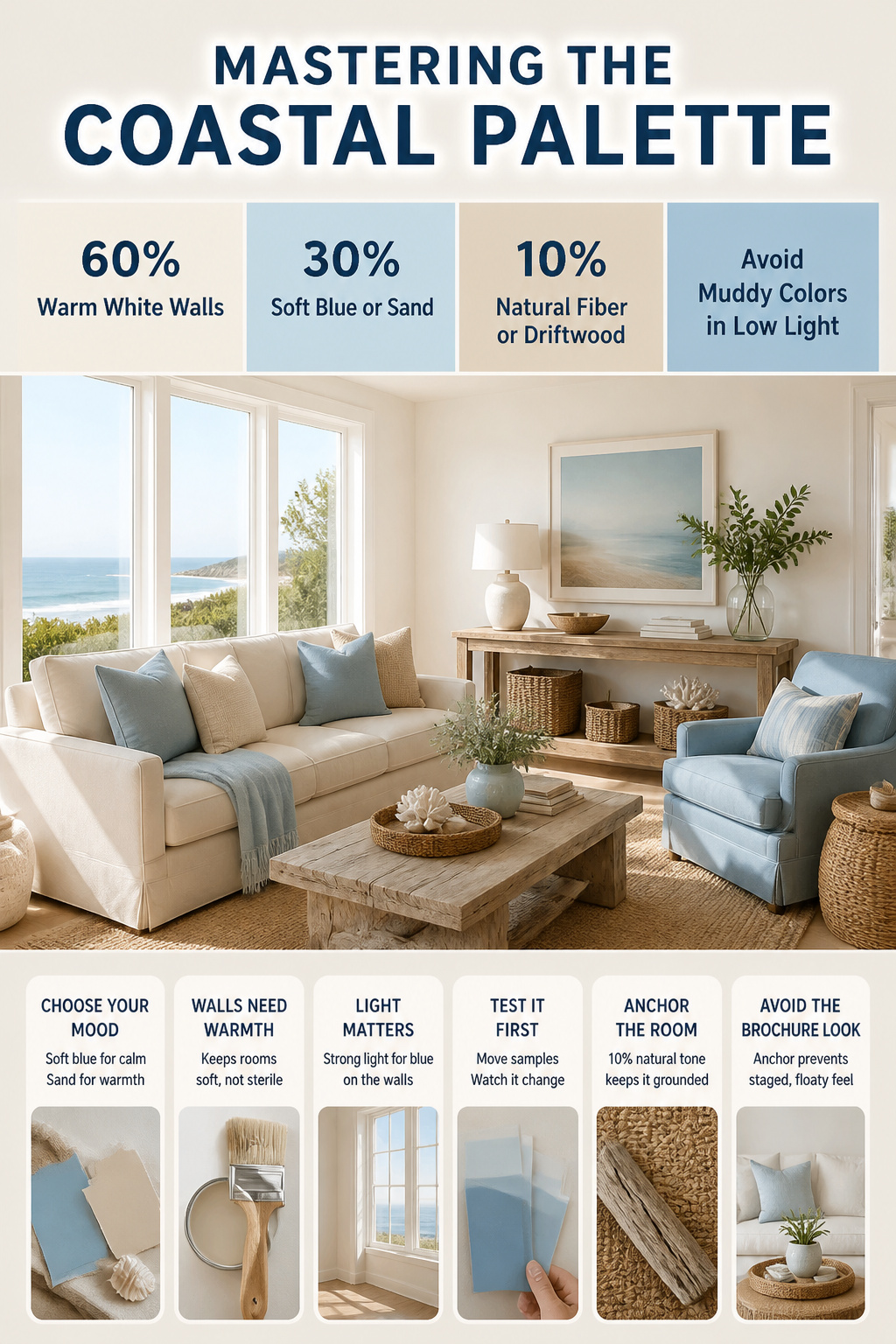 10 Coastal Decorating Ideas for Light, Airy Rooms in 2026 11 A color palette showcasing warm whites and soft blue tones.