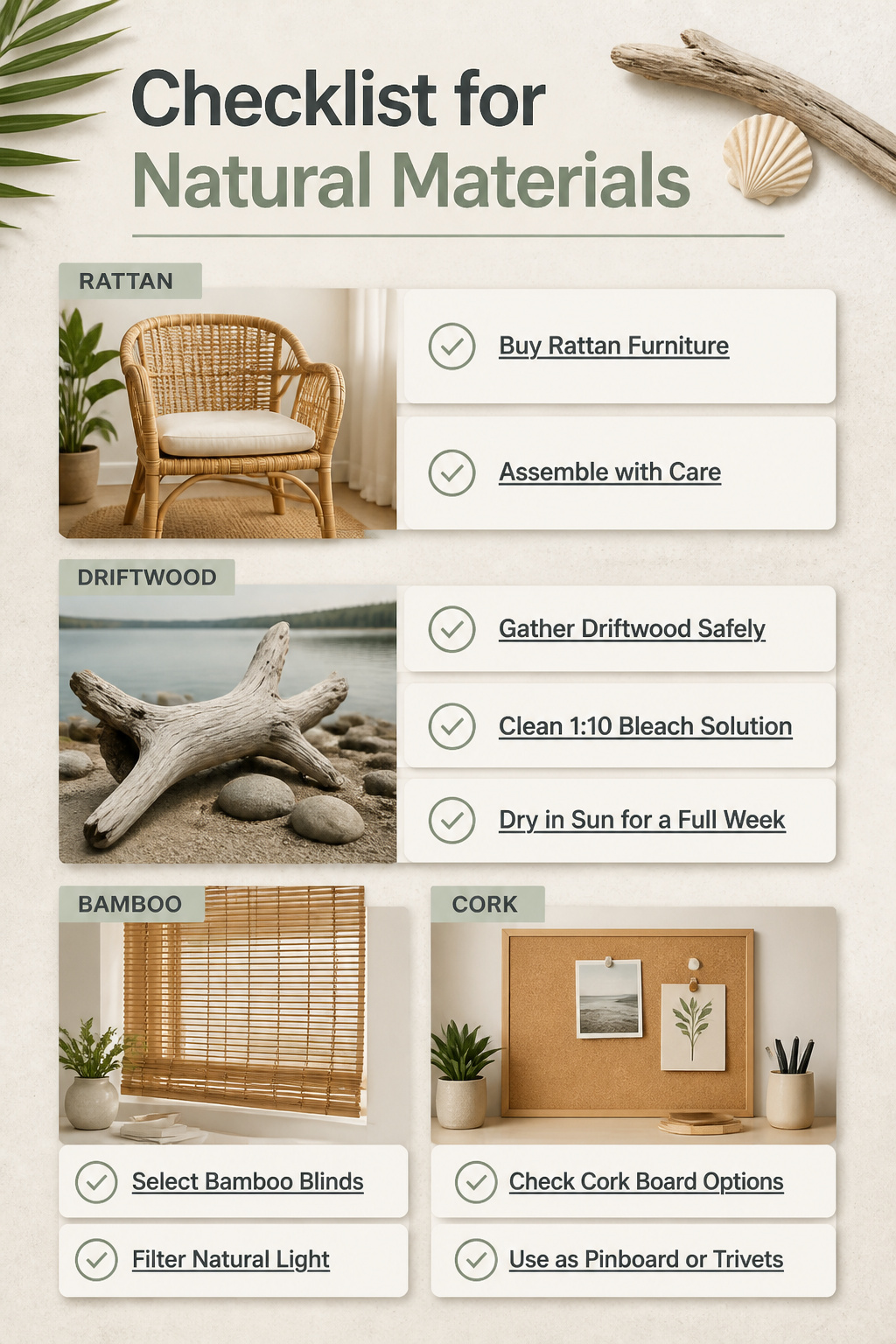 10 Coastal Decorating Ideas for Light, Airy Rooms in 2026 12 A rattan chair and driftwood displayed in a cozy setting.