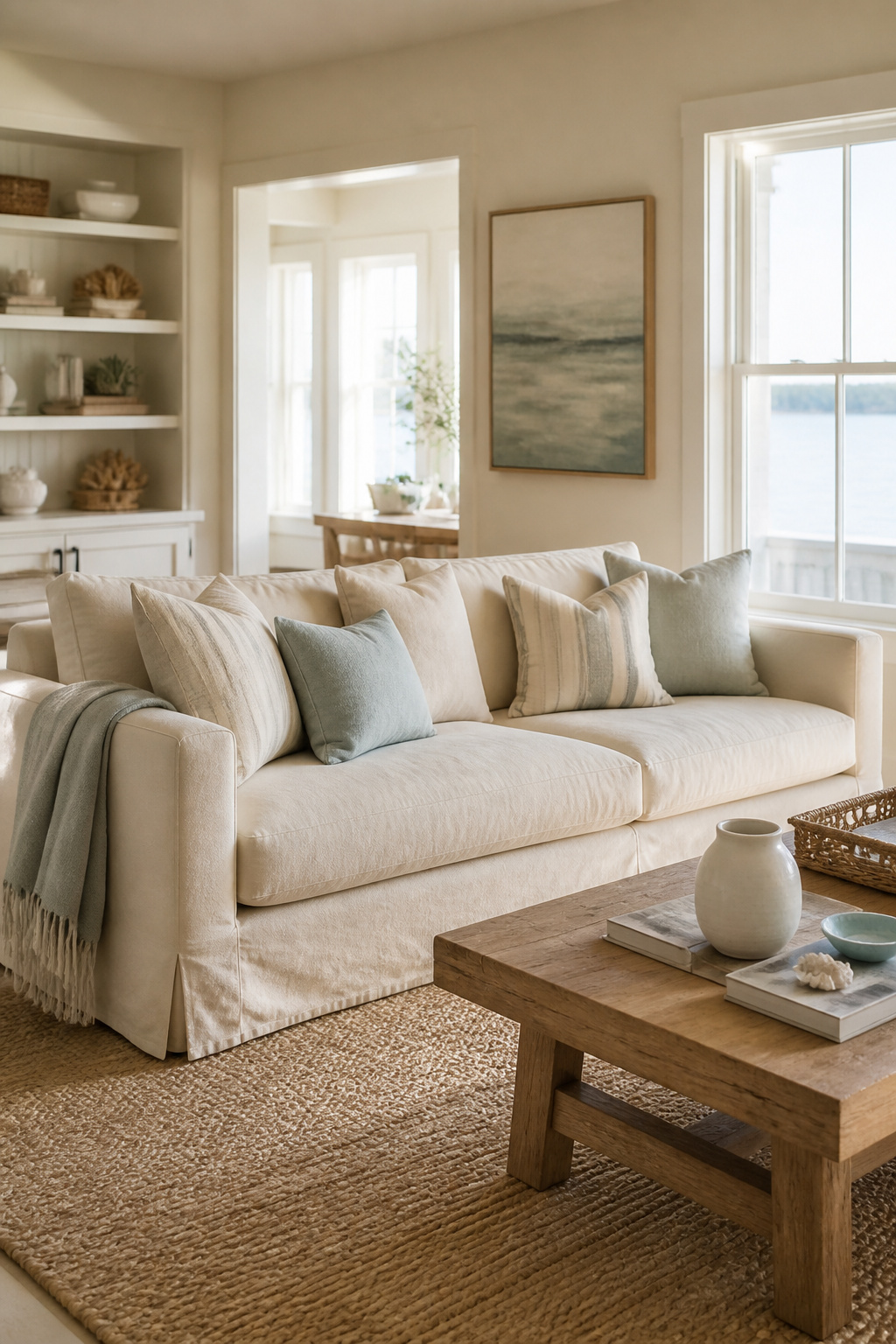10 Coastal Decorating Ideas for Light, Airy Rooms in 2026 2 A stylish living room featuring a slipcovered sofa and light jute rug.