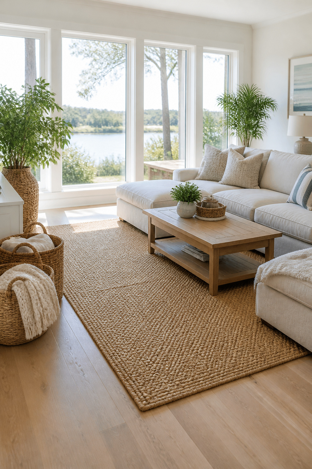 10 Coastal Decorating Ideas for Light, Airy Rooms in 2026 4 A living room with a seagrass rug and light neutral furniture.