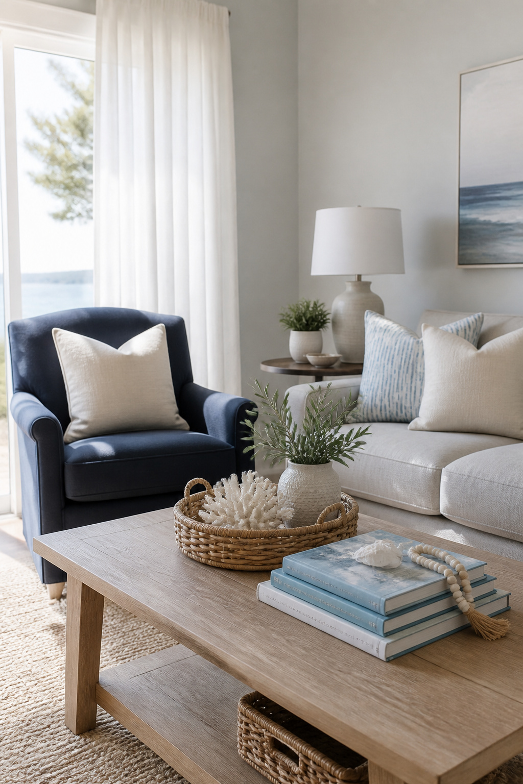 10 Coastal Decorating Ideas for Light, Airy Rooms in 2026 5 A living room featuring a navy chair and light oak coffee table.