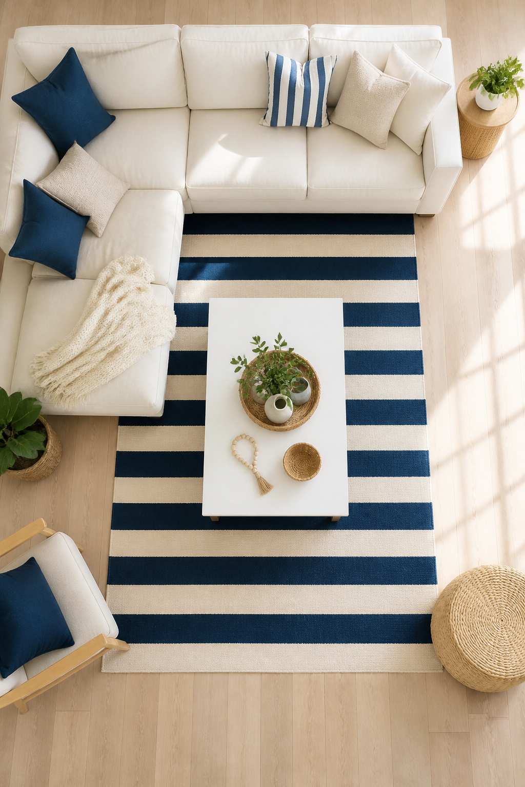10 Coastal Decorating Ideas for Light, Airy Rooms in 2026 7 Striped pillows on a sofa in a coastal-themed living room.