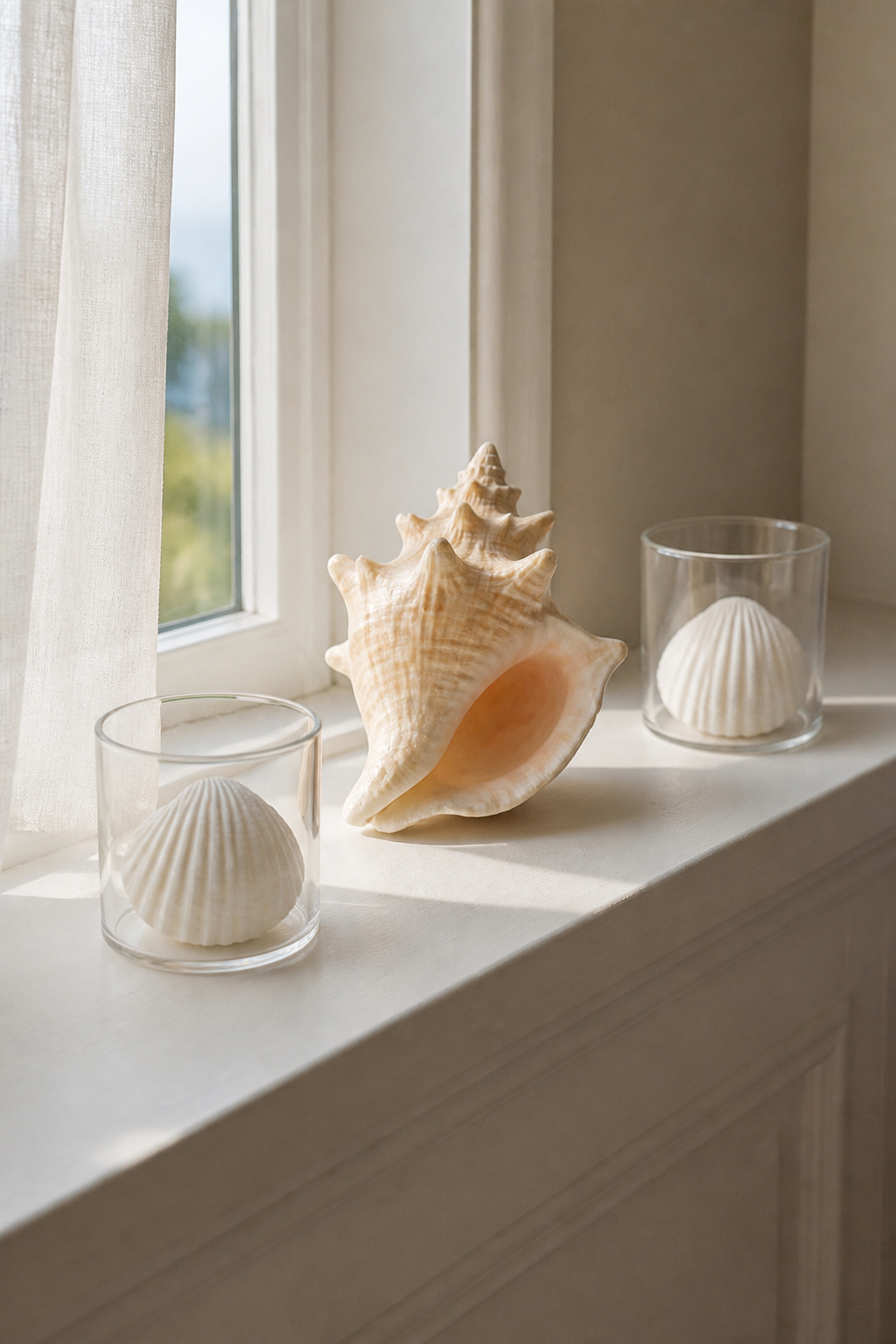 10 Coastal Decorating Ideas for Light, Airy Rooms in 2026 8 A few shells arranged on a windowsill in soft morning light.