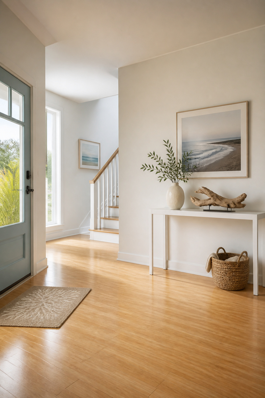 10 Coastal Decorating Ideas for Light, Airy Rooms in 2026 9 A living room with clean-lined furniture and open sightlines.