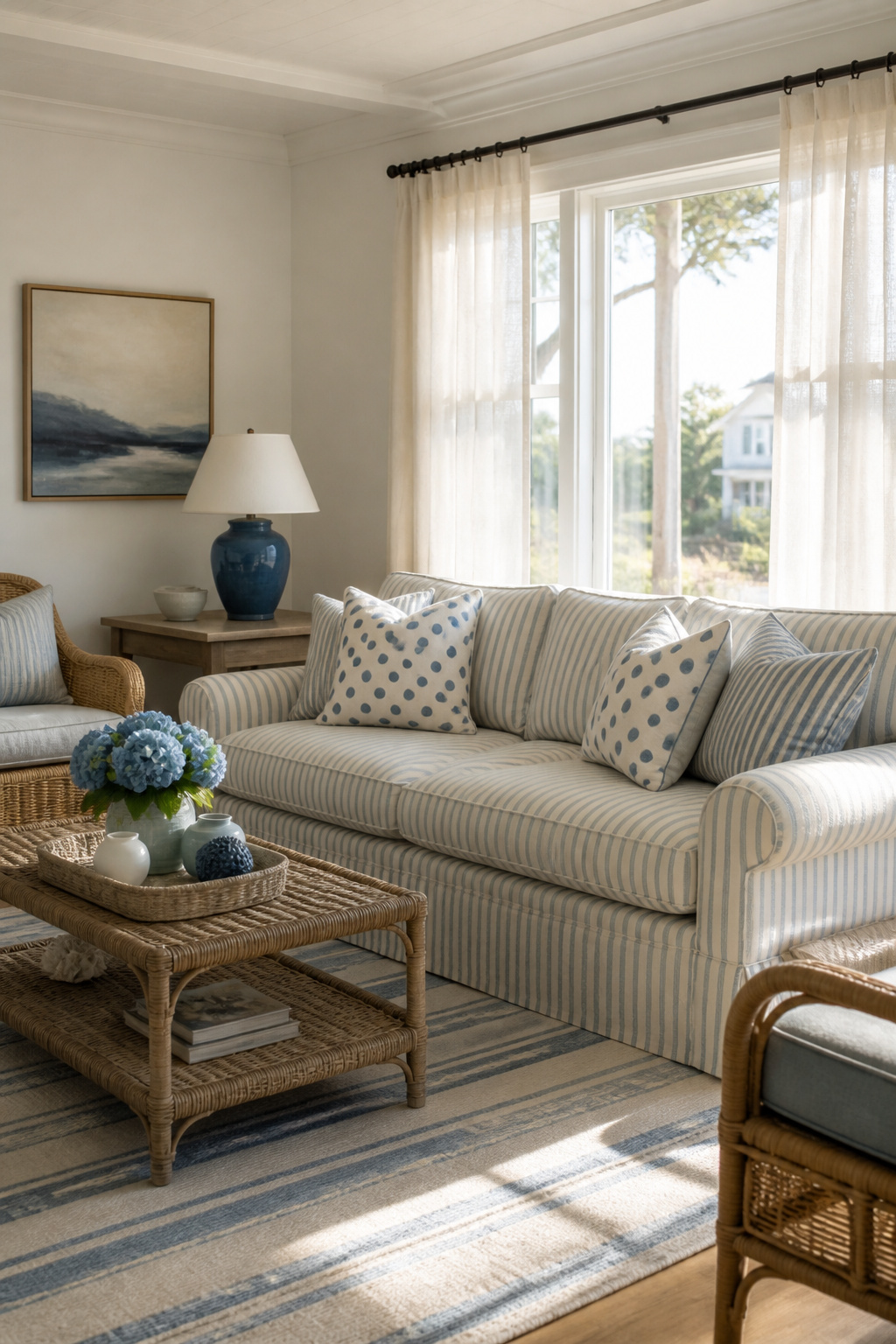 12 Cozy Beach Cottage Decor Ideas for a Relaxed Coastal Home 11 A striped sofa with polka dot throw pillows in a living area.