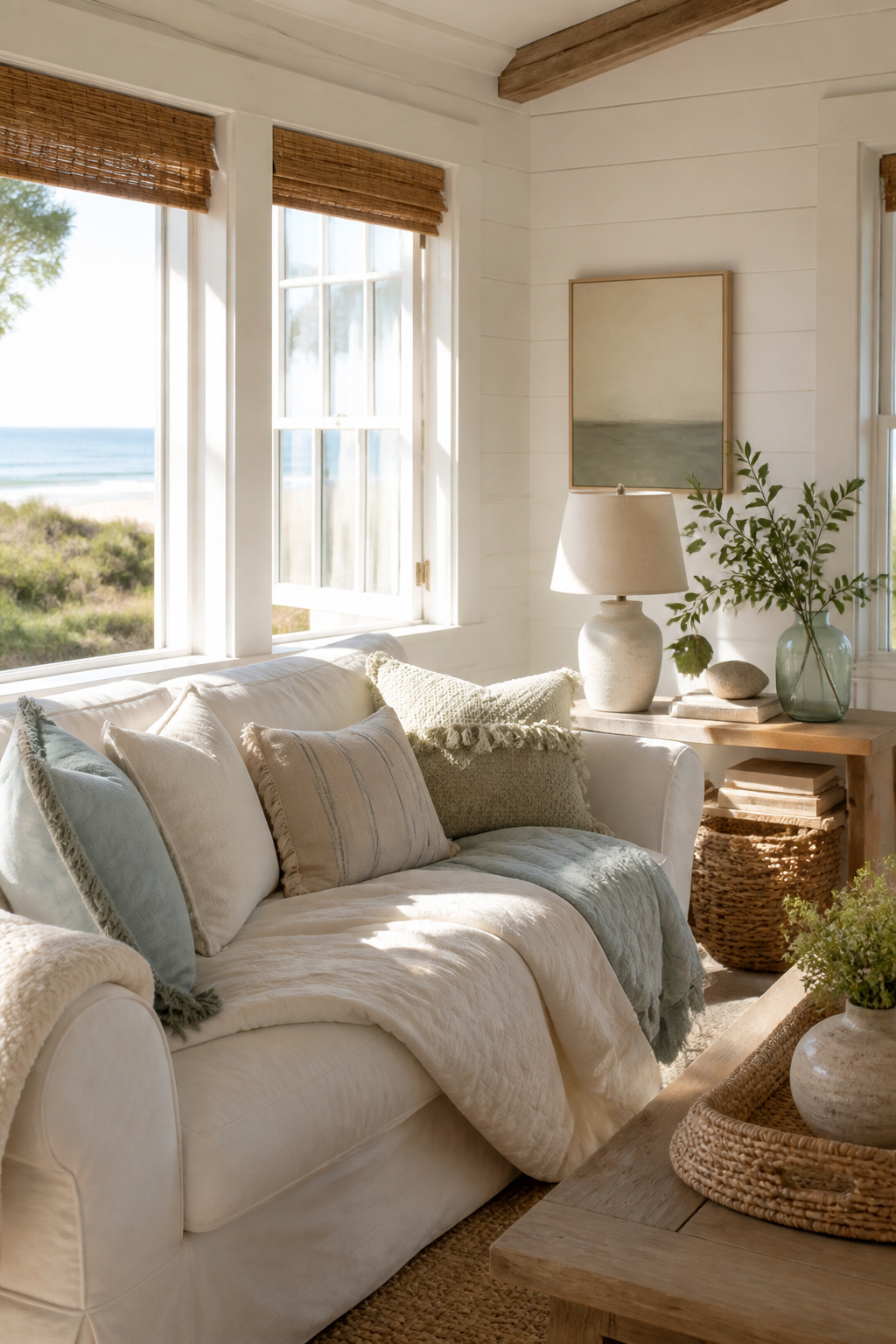 12 Cozy Beach Cottage Decor Ideas for a Relaxed Coastal Home 12 A beach cottage with warm white walls and natural wood accents.