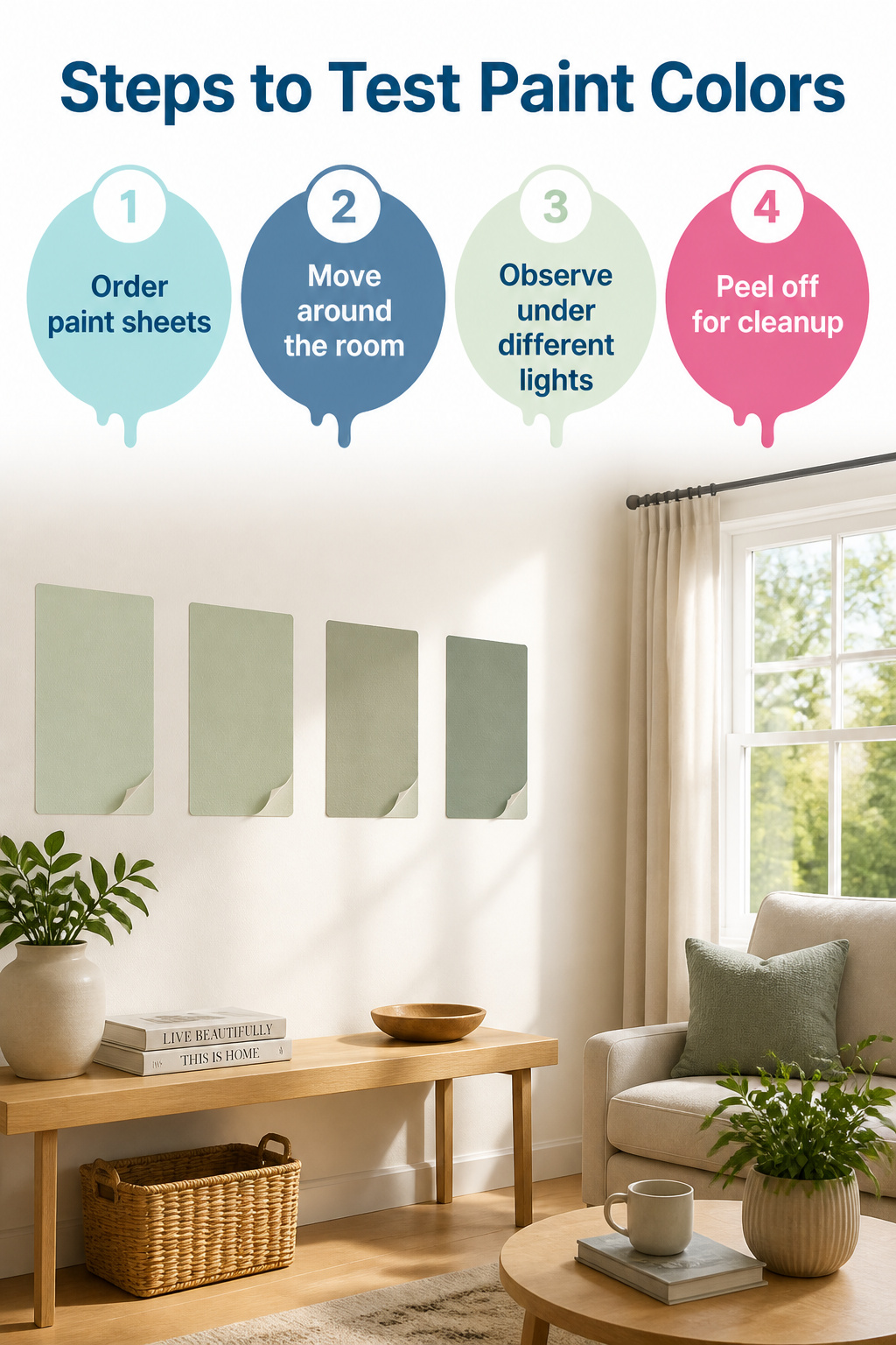 12 Cozy Beach Cottage Decor Ideas for a Relaxed Coastal Home 14 Peel-and-stick paint samples in different colors on a wall.