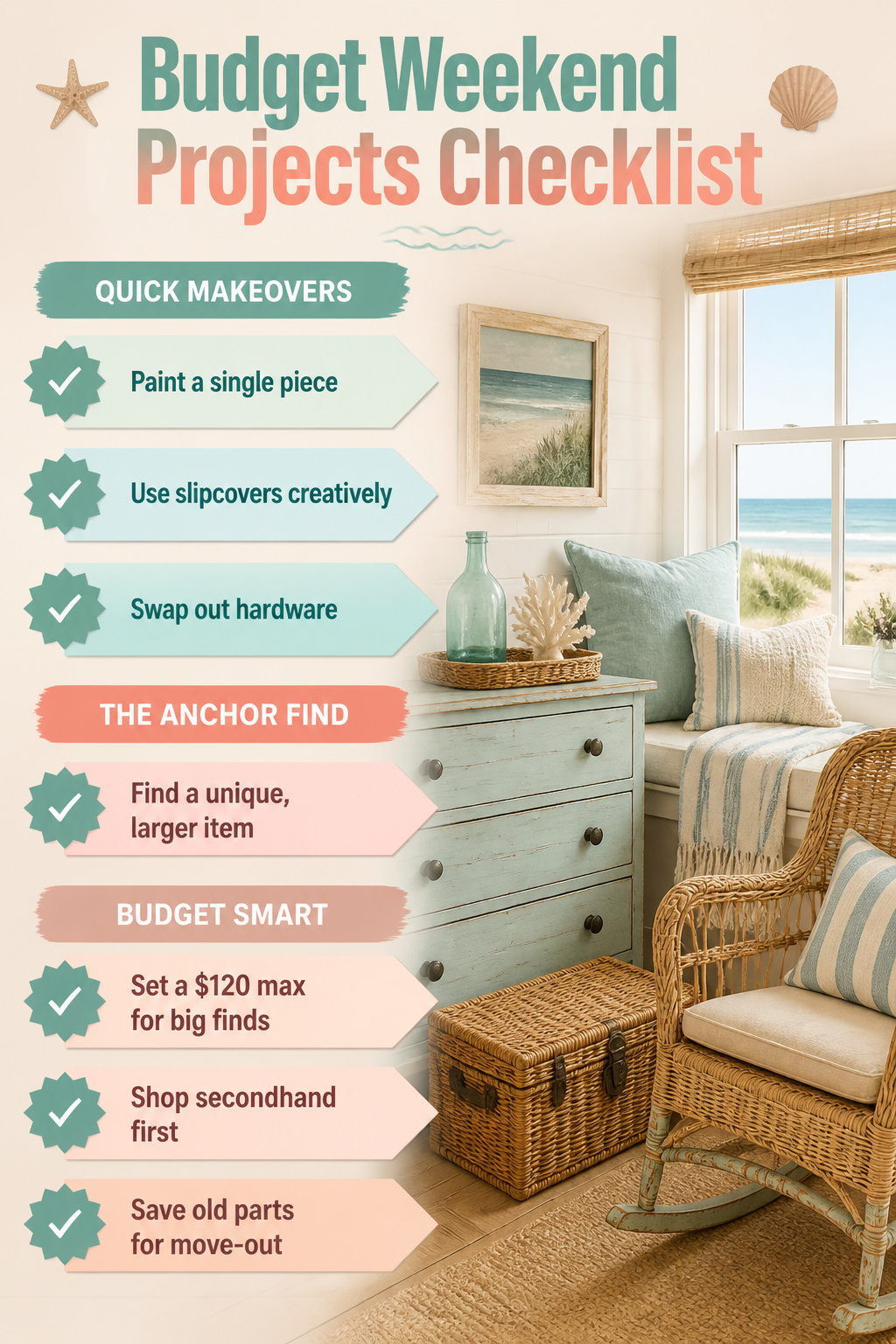 12 Cozy Beach Cottage Decor Ideas for a Relaxed Coastal Home 17 Checklist of budget-friendly weekend projects for home decor.