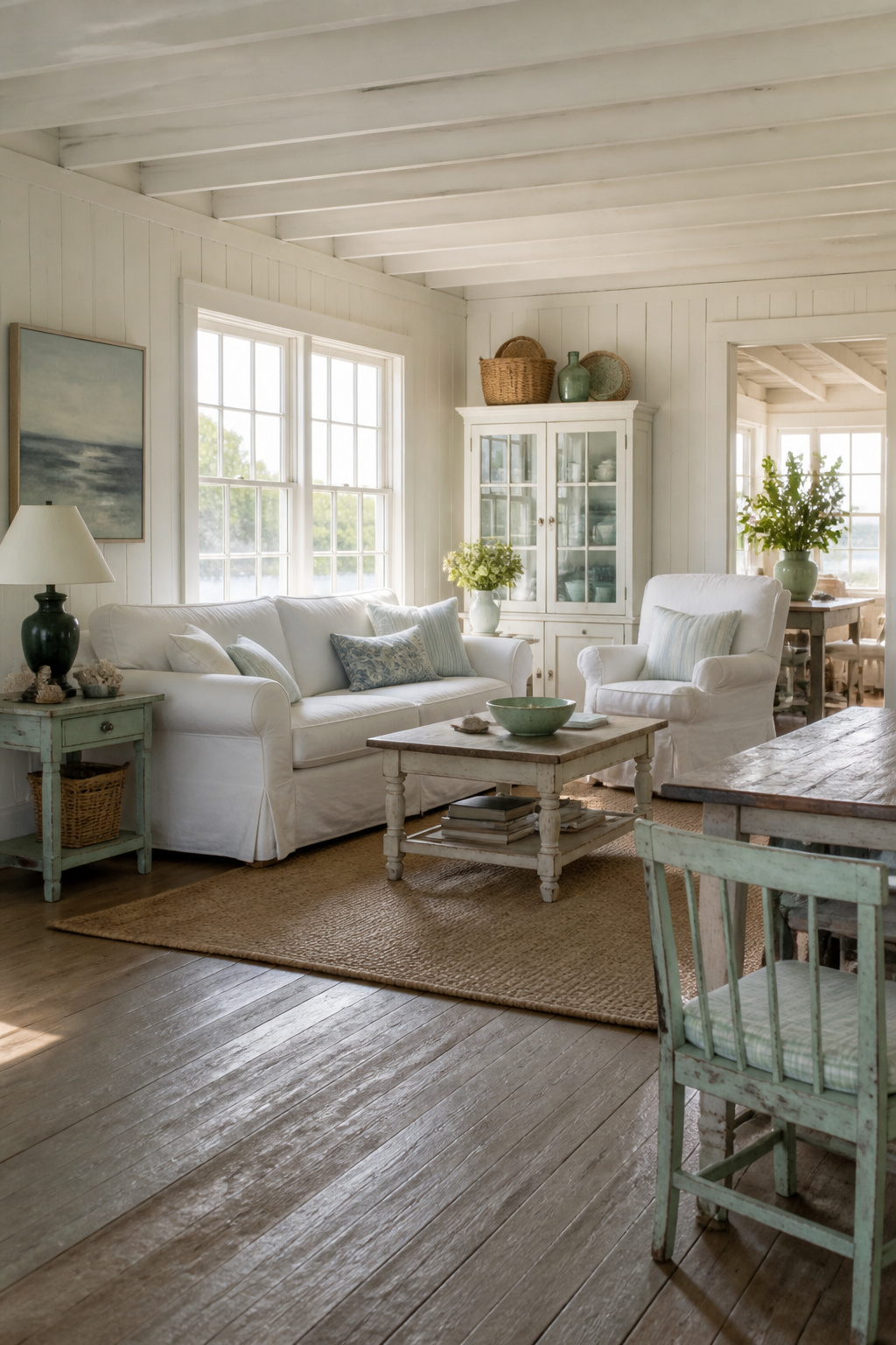 12 Cozy Beach Cottage Decor Ideas for a Relaxed Coastal Home 3 A slipcovered English roll-arm sofa in a cozy room.