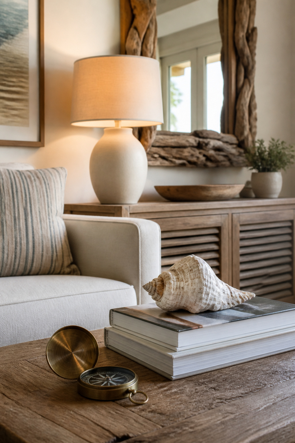 12 Cozy Beach Cottage Decor Ideas for a Relaxed Coastal Home 5 A stack of art books with a shell and a lamp.