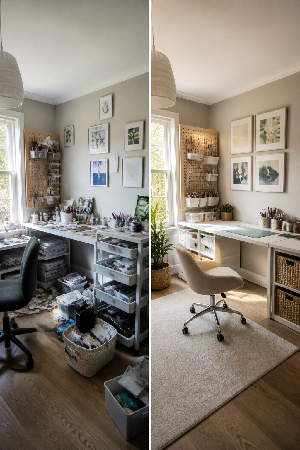 8 Craft Room Inspiration Ideas for Organized, Creative Spaces 11 A craft room showing a gallery wall and pegboard with tools.