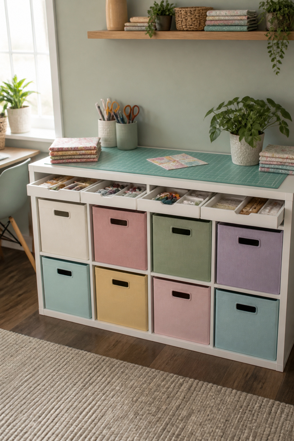 8 Craft Room Inspiration Ideas for Organized, Creative Spaces 2 An IKEA Kallax storage unit filled with standard bins and craft supplies.