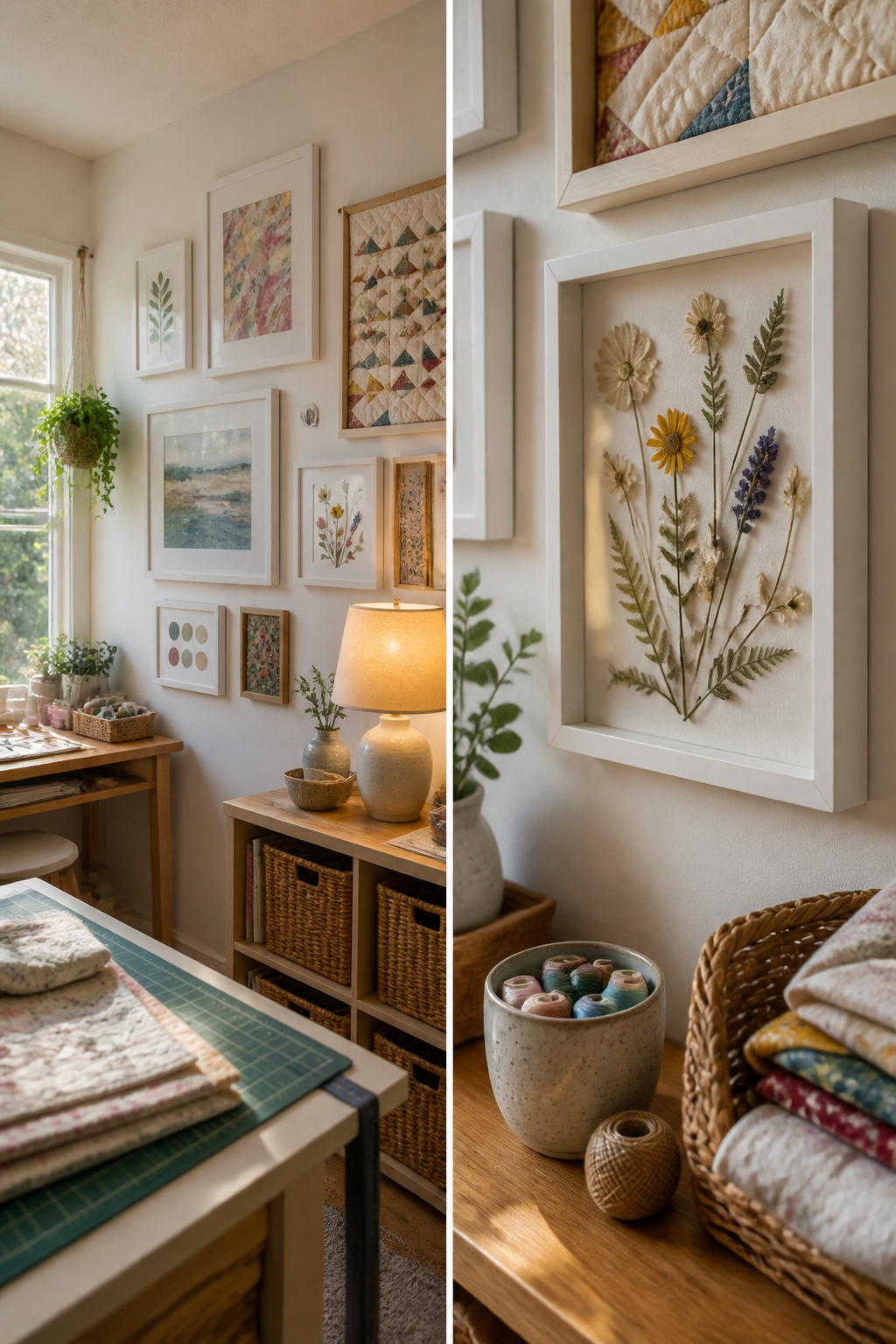 8 Craft Room Inspiration Ideas for Organized, Creative Spaces 4 Framed art and handmade pieces displayed on a craft room wall.