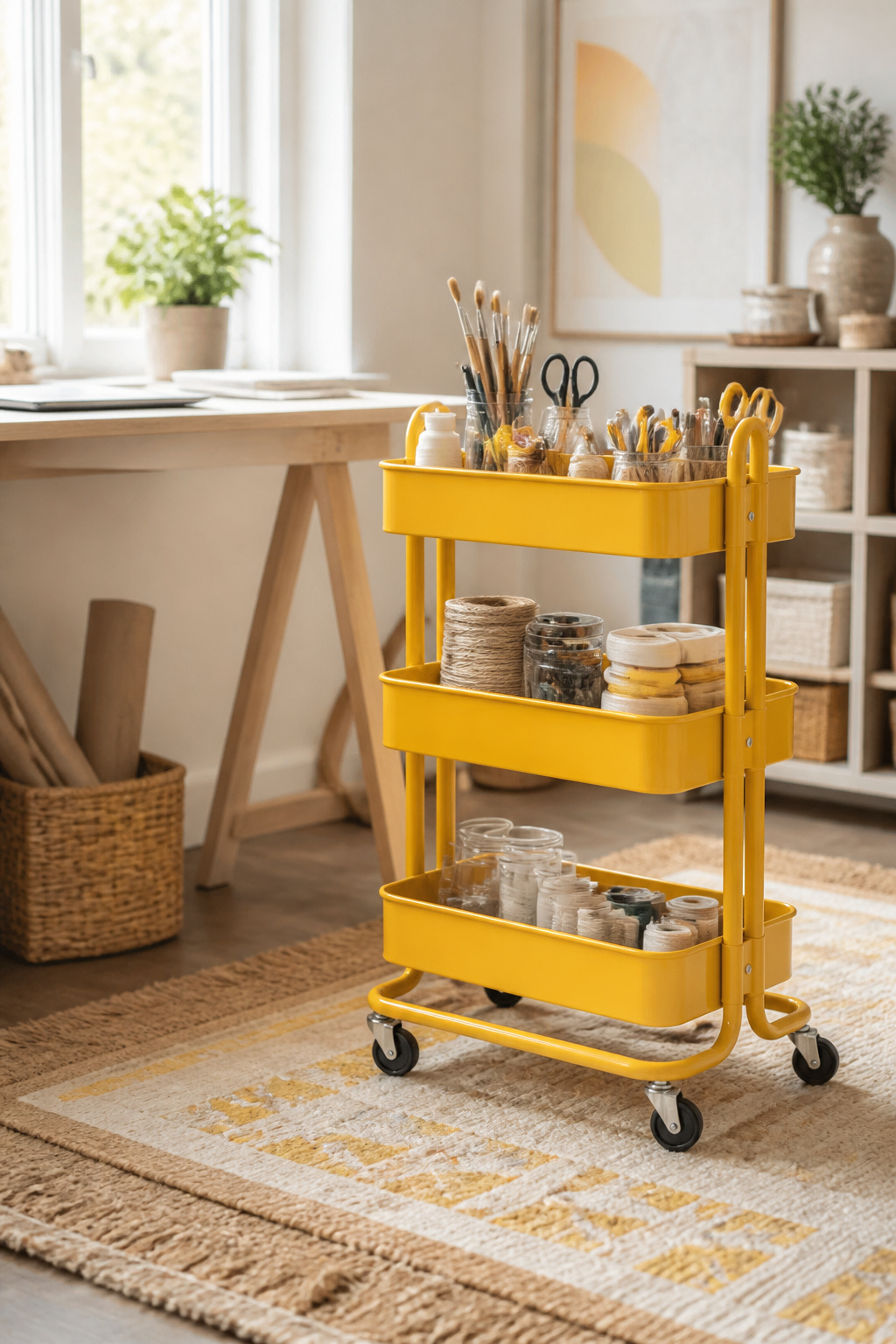 8 Craft Room Inspiration Ideas for Organized, Creative Spaces 5 A yellow rolling cart filled with markers and washi tape in a craft room.
