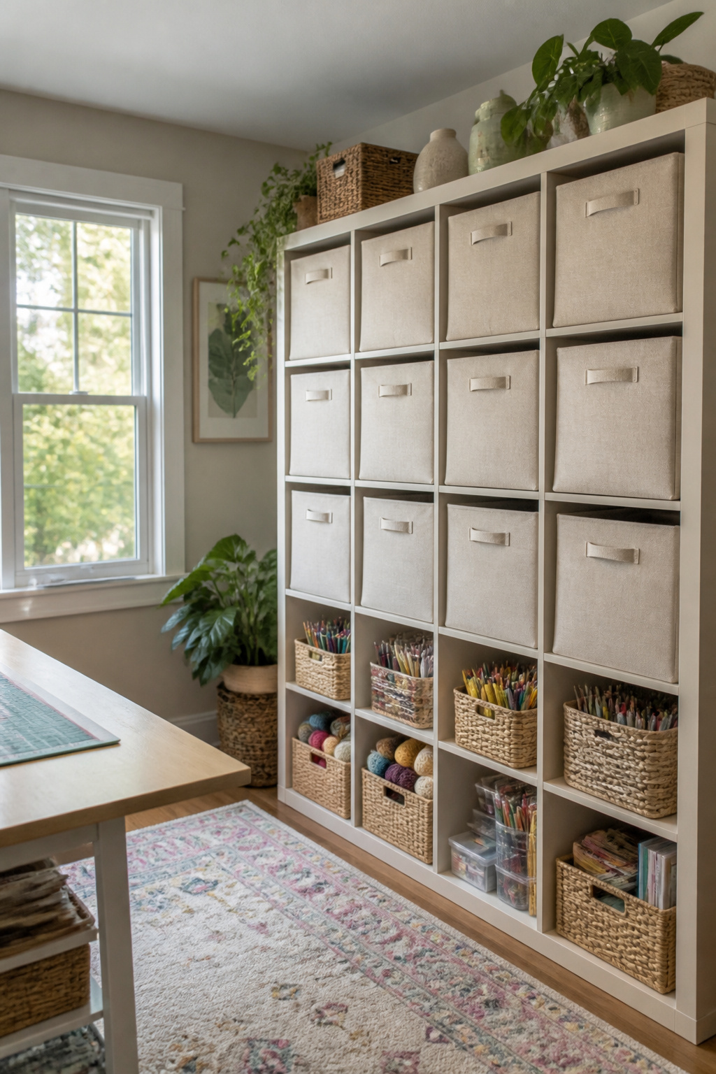 8 Craft Room Inspiration Ideas for Organized, Creative Spaces 8 A shelving unit with matching collapsible bins and stackable baskets.