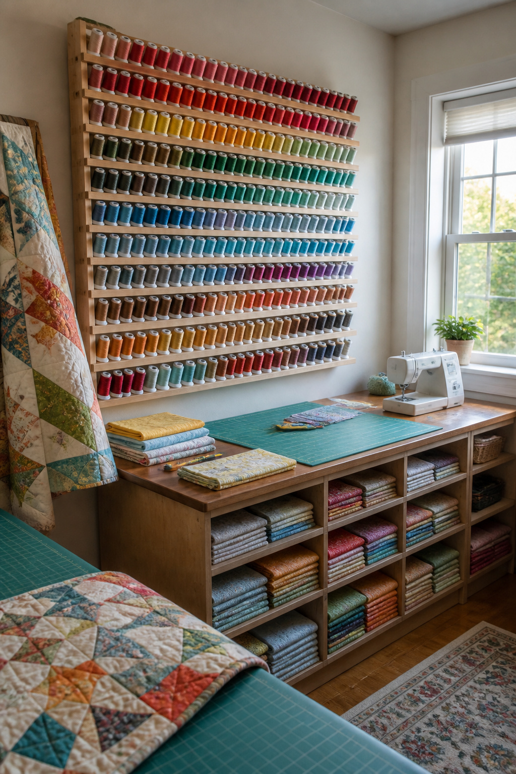 8 Craft Room Inspiration Ideas for Organized, Creative Spaces 9 A Mega Rack mounted on the wall showing organized spools of thread.