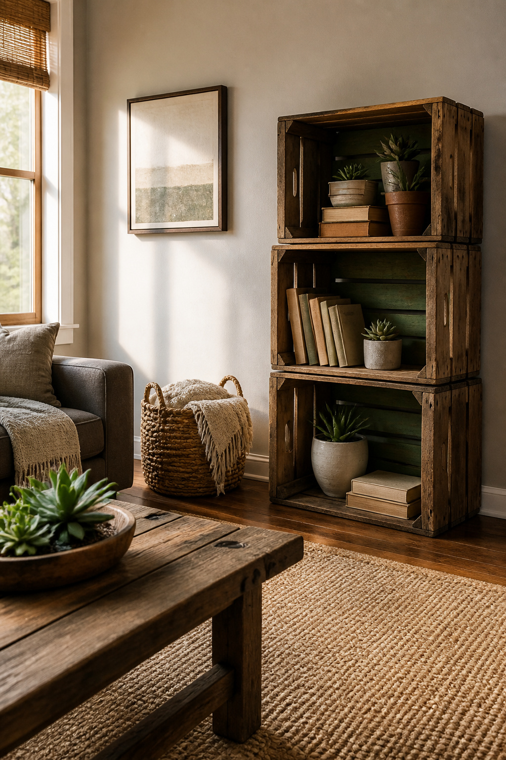 11 Ways to Decorate with Wooden Crates for Any Room 1 Wooden crates stacked as shelves displaying books and decor.