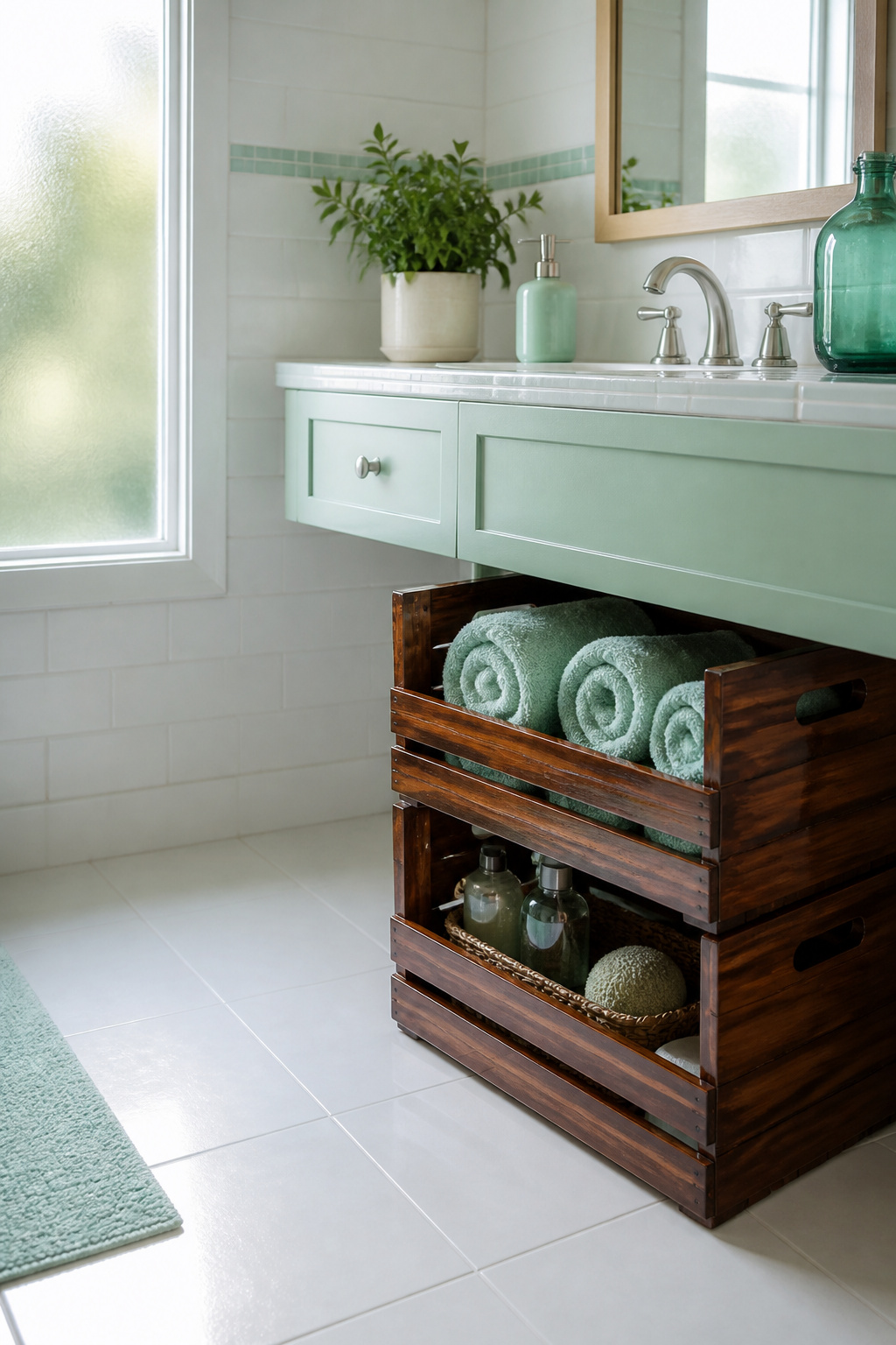 11 Ways to Decorate with Wooden Crates for Any Room 10 Two wooden crates stacked for storing towels in a bathroom.