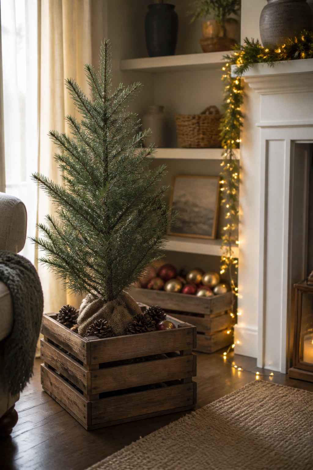 11 Ways to Decorate with Wooden Crates for Any Room 11 A wooden crate with a Christmas tree and pinecones.