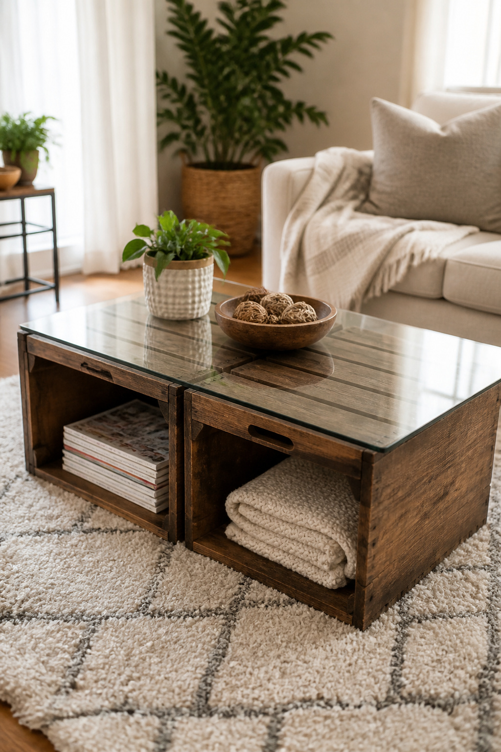 11 Ways to Decorate with Wooden Crates for Any Room 2 A coffee table made from two wooden crates topped with glass.