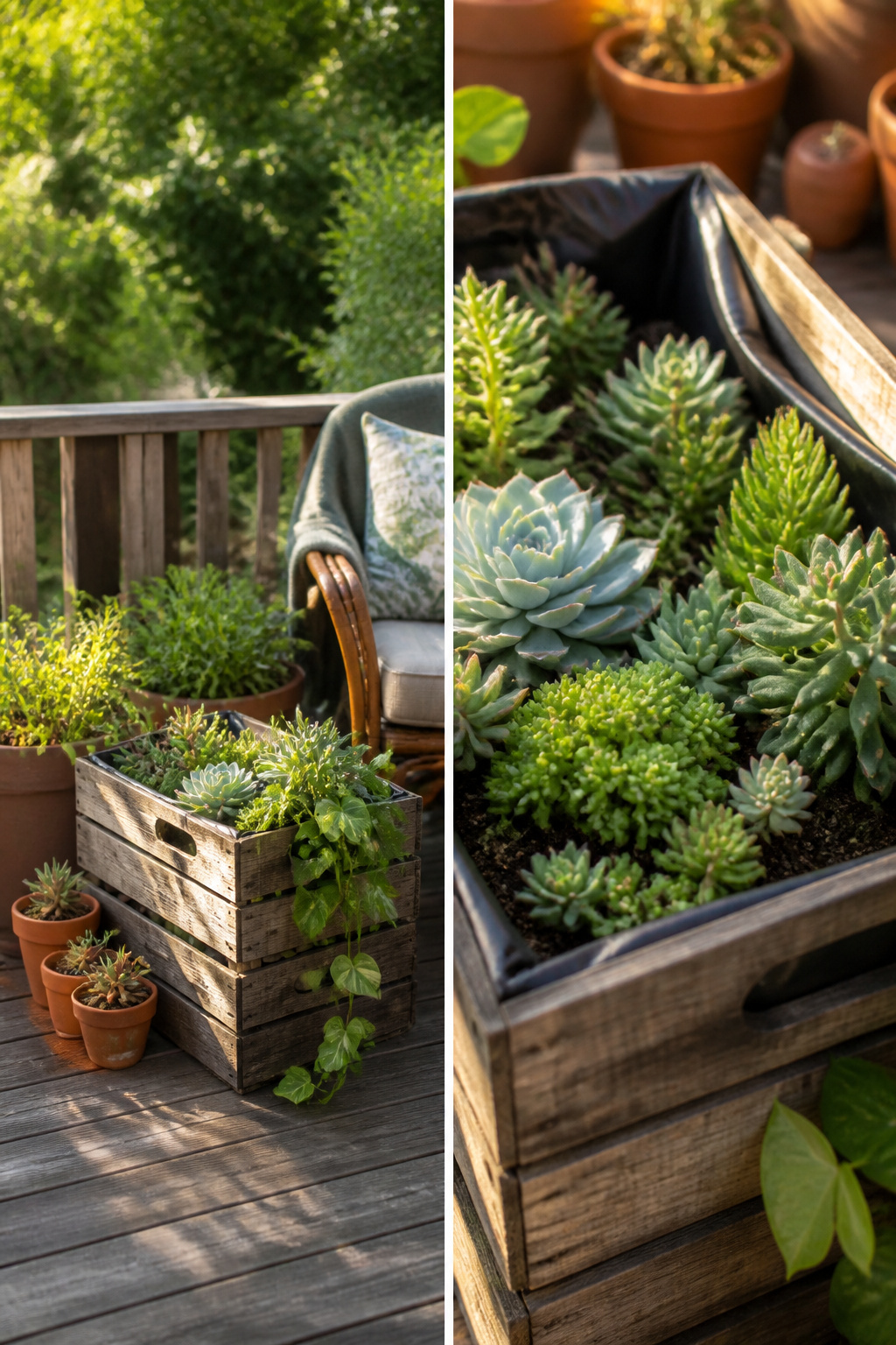 11 Ways to Decorate with Wooden Crates for Any Room 3 Wooden crates used as planters filled with greenery.