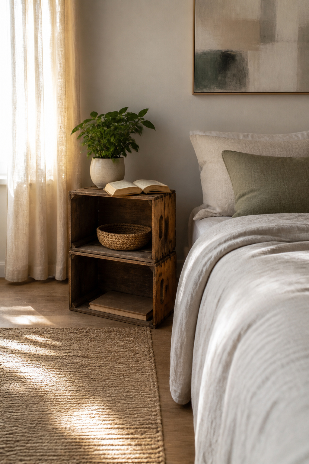 11 Ways to Decorate with Wooden Crates for Any Room 4 Two stacked wooden crates functioning as a bedside table.