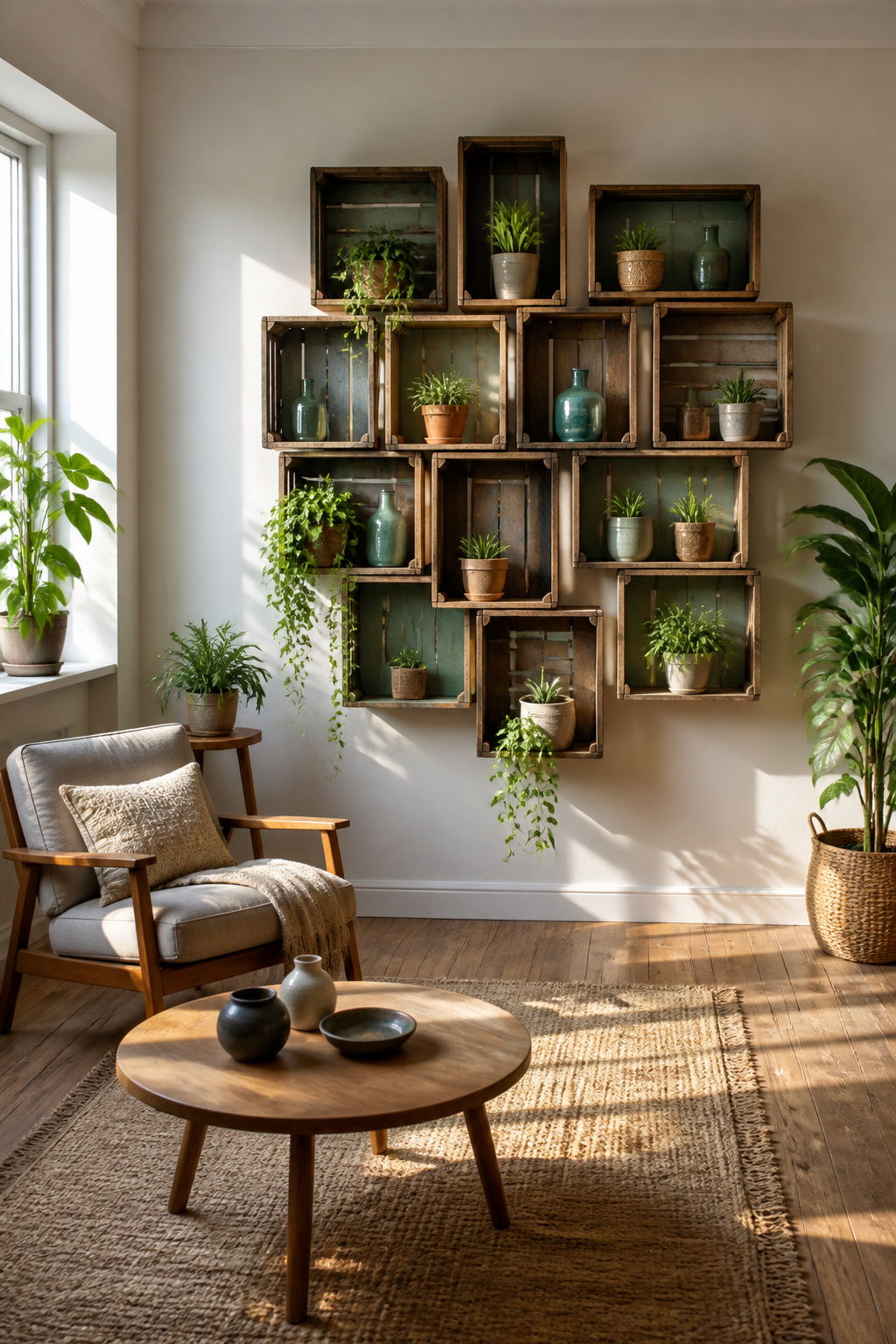 11 Ways to Decorate with Wooden Crates for Any Room 6 Wooden crates mounted on a wall displaying jars and books.
