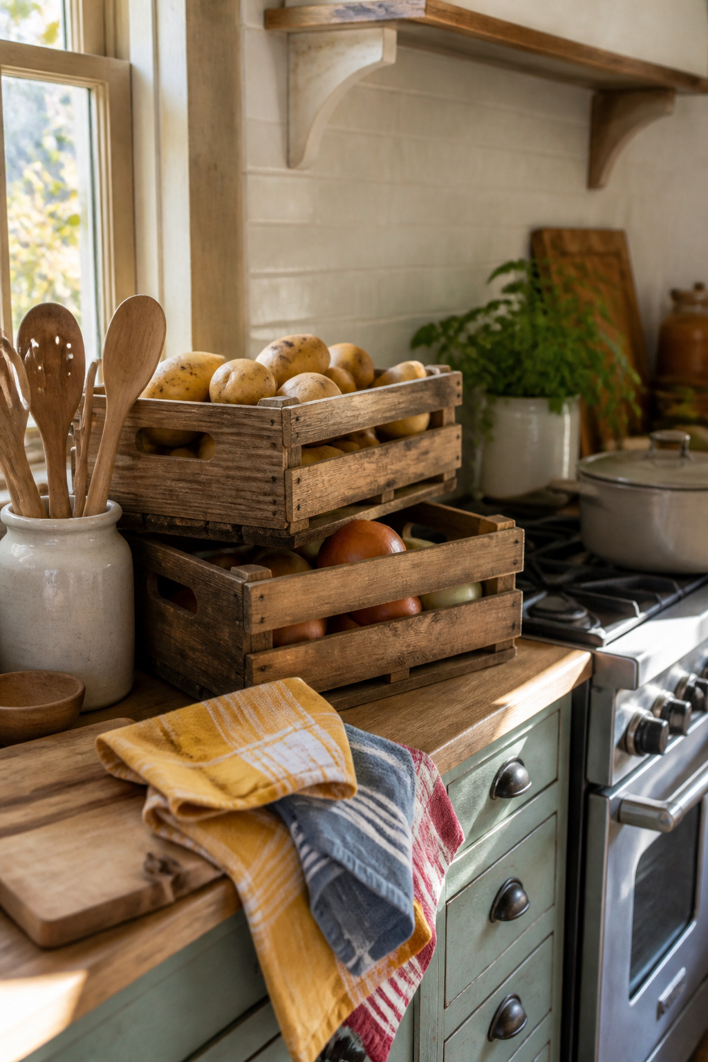 11 Ways to Decorate with Wooden Crates for Any Room 7 Wooden crates on a kitchen counter holding vegetables.