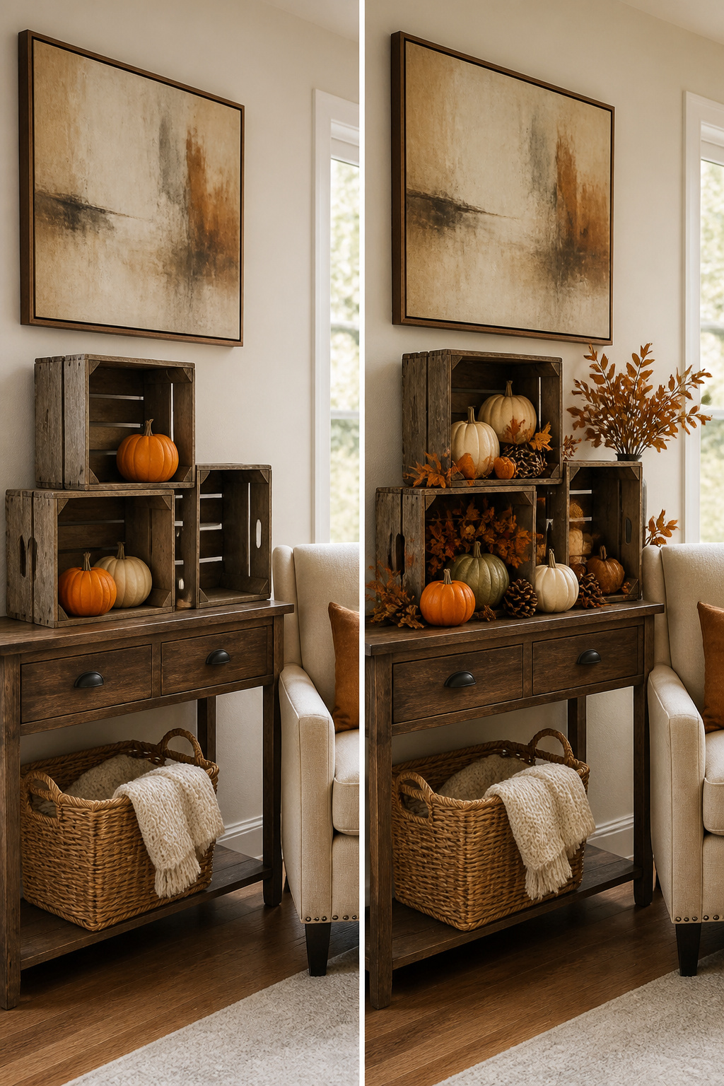 11 Ways to Decorate with Wooden Crates for Any Room 8 Wooden crates filled with seasonal decorations like pumpkins.