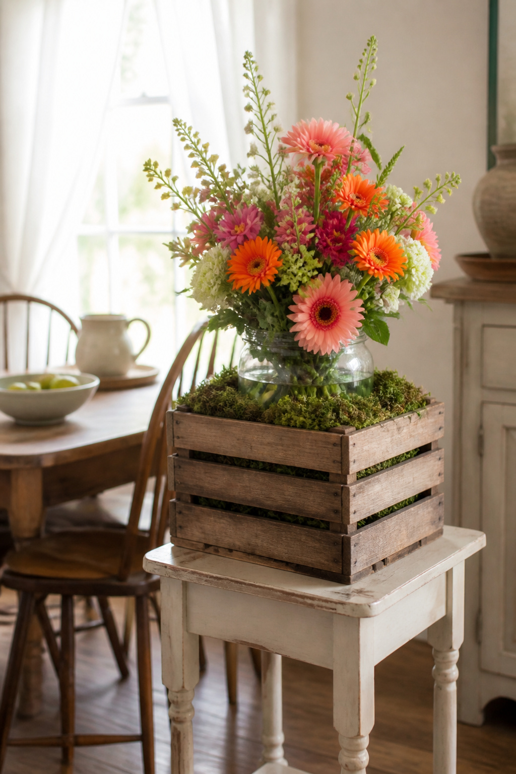 11 Ways to Decorate with Wooden Crates for Any Room 9 A crate holding a mason jar with flowers for decoration.