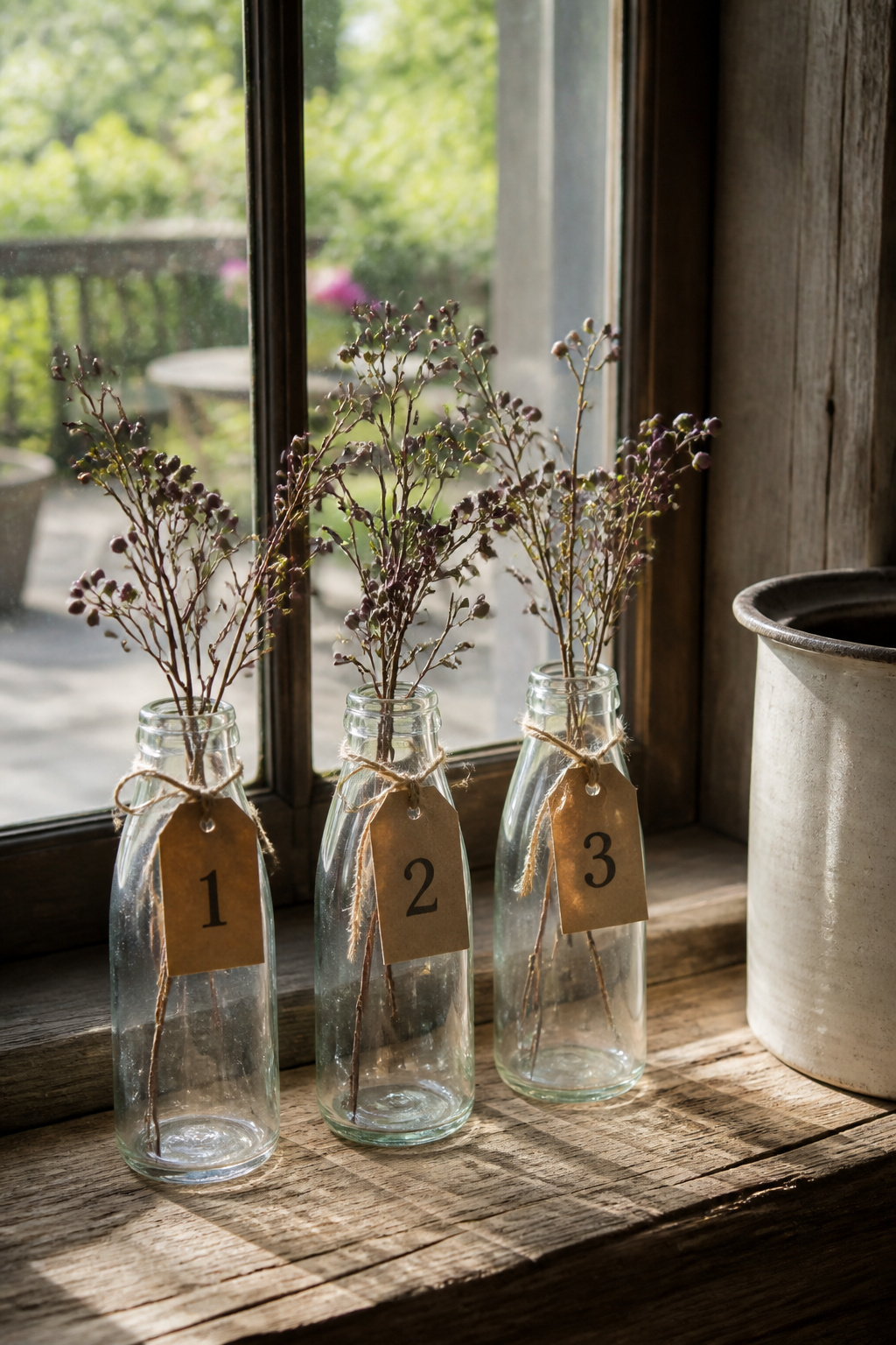 Three clear glass milk bottles with kraft tags numbered 1, 2, and 3.