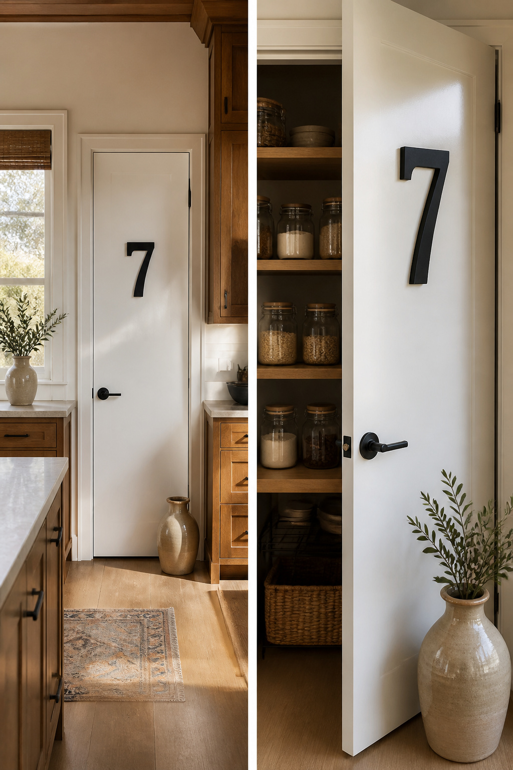 Close-up of a vinyl number decal applied to a pantry door.