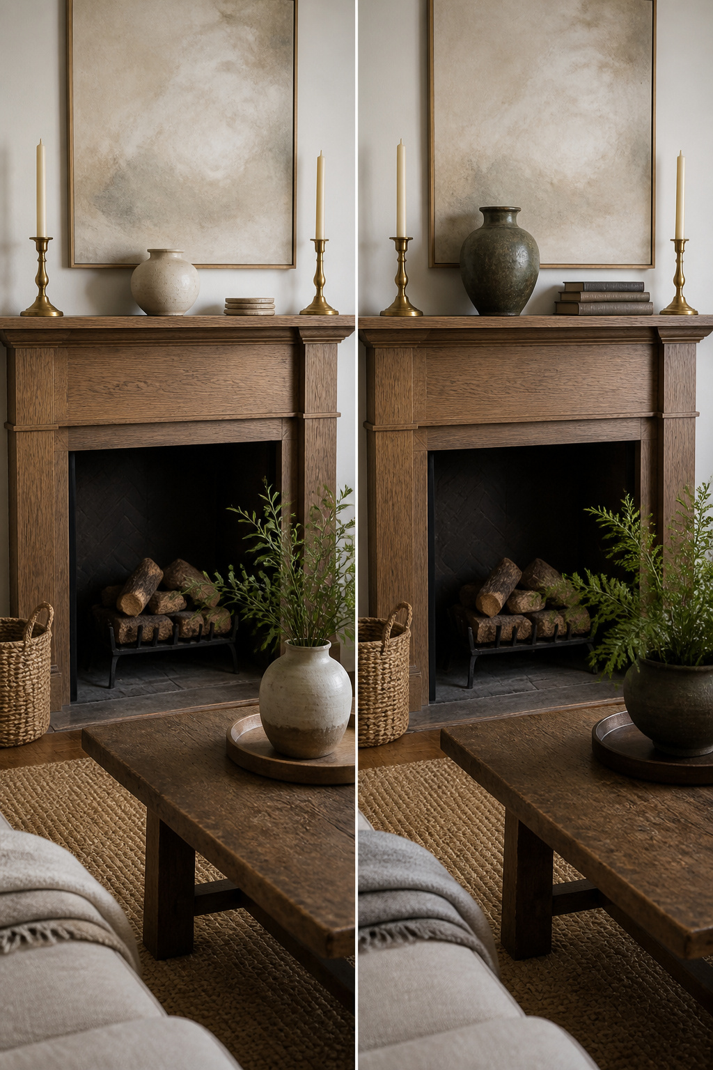 A mantel displaying three decorative items, including candlesticks and a vase.