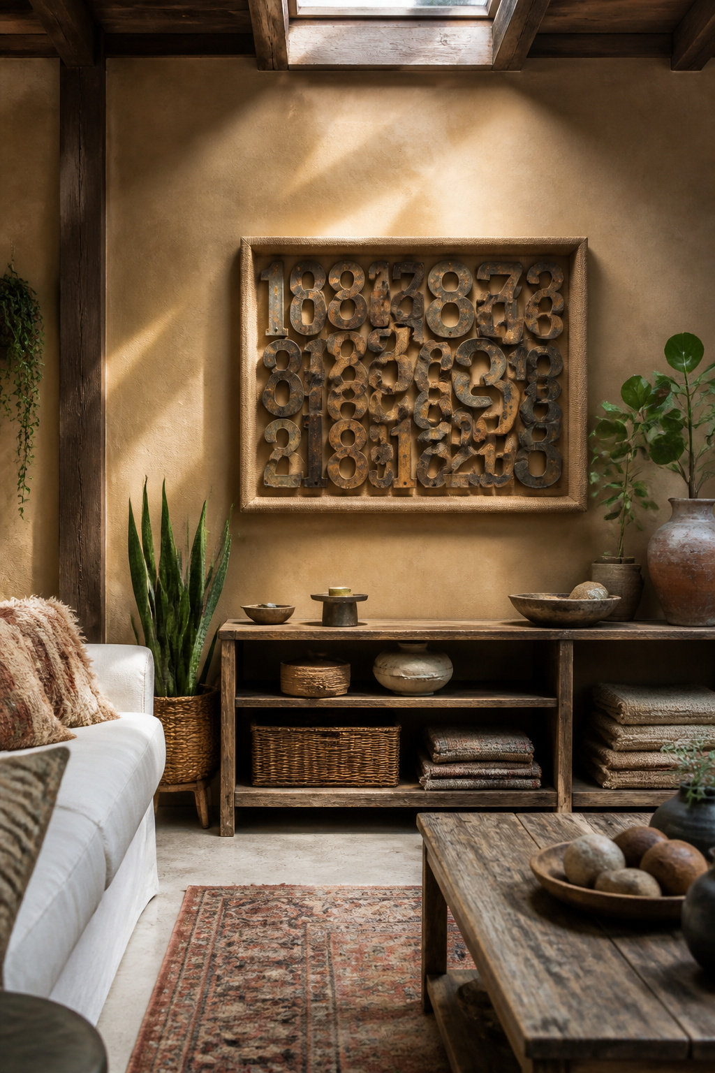 Brass and black metal house numbers displayed in a burlap-wrapped frame.